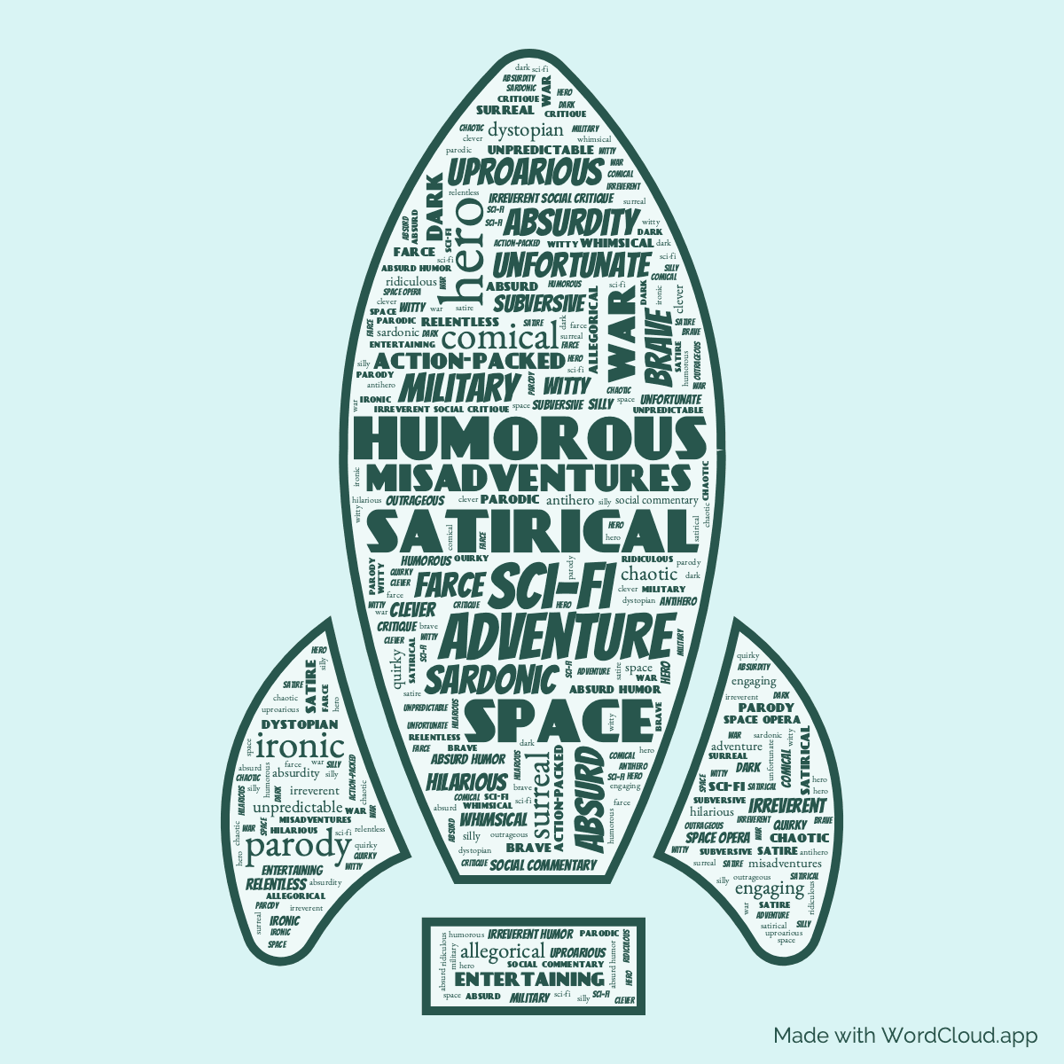 Word cloud of the book Bill, the Galactic Hero on the Planet of the Hippies From Hell in a Rocket shape with 48 words like humorous, satirical and sci-fi.