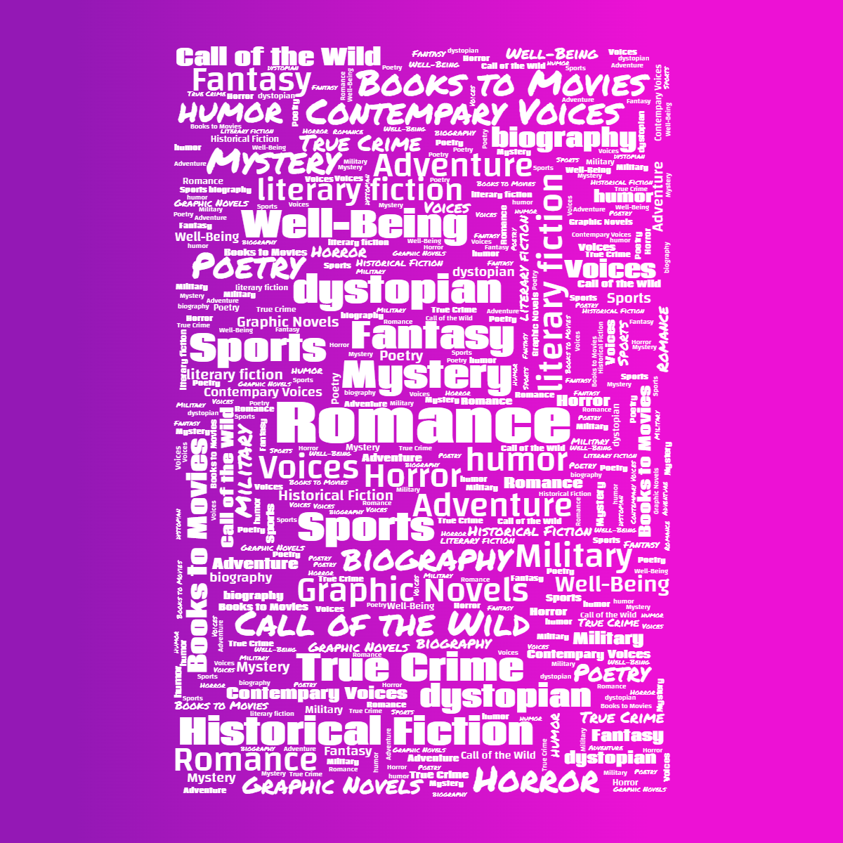 Word cloud in a Vertical Rectangle shape with 20 words like Romance, Mystery and Horror in white and purple.