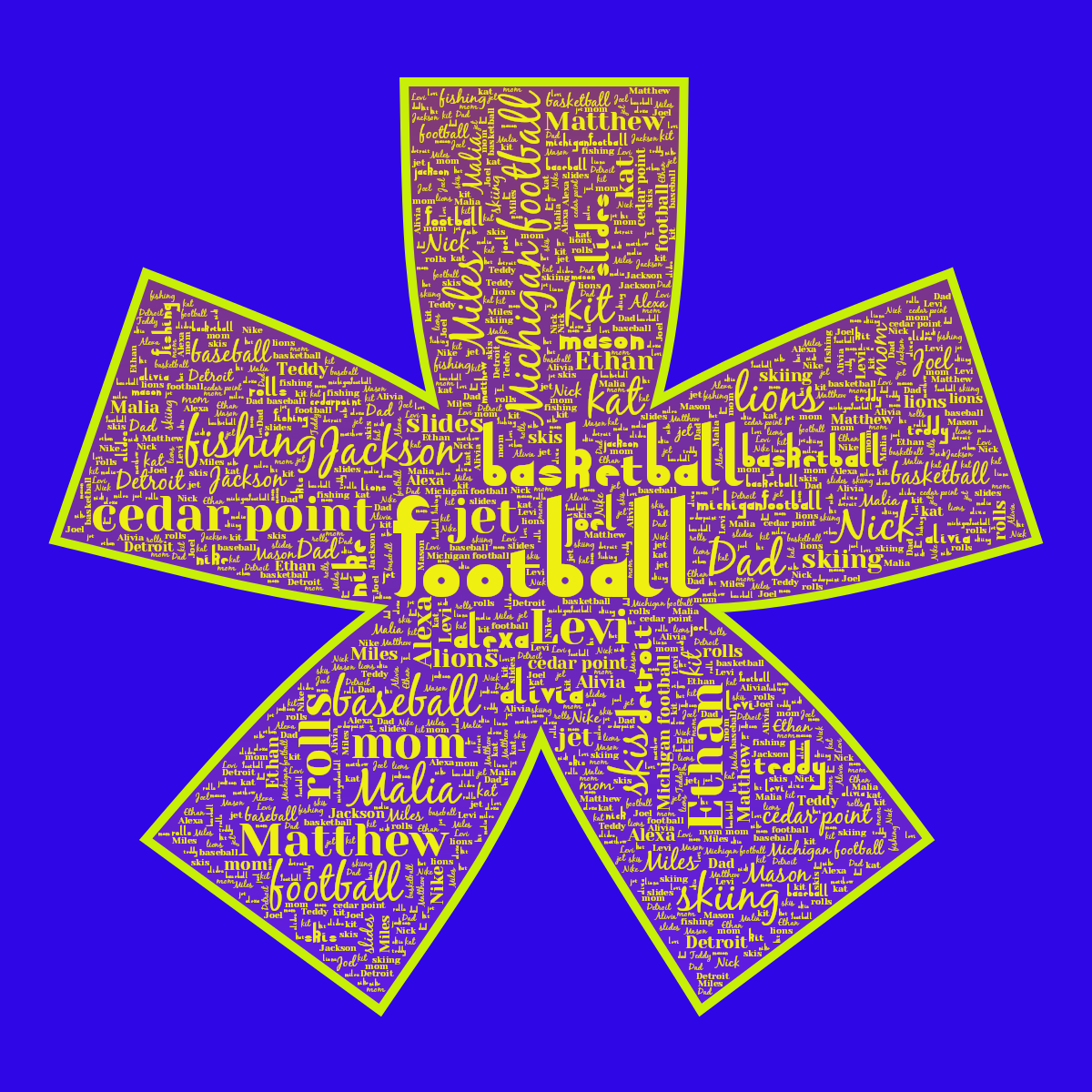 Word cloud in an Asterisk shape with 30 words like football, basketball and Michigan football in multicolor.