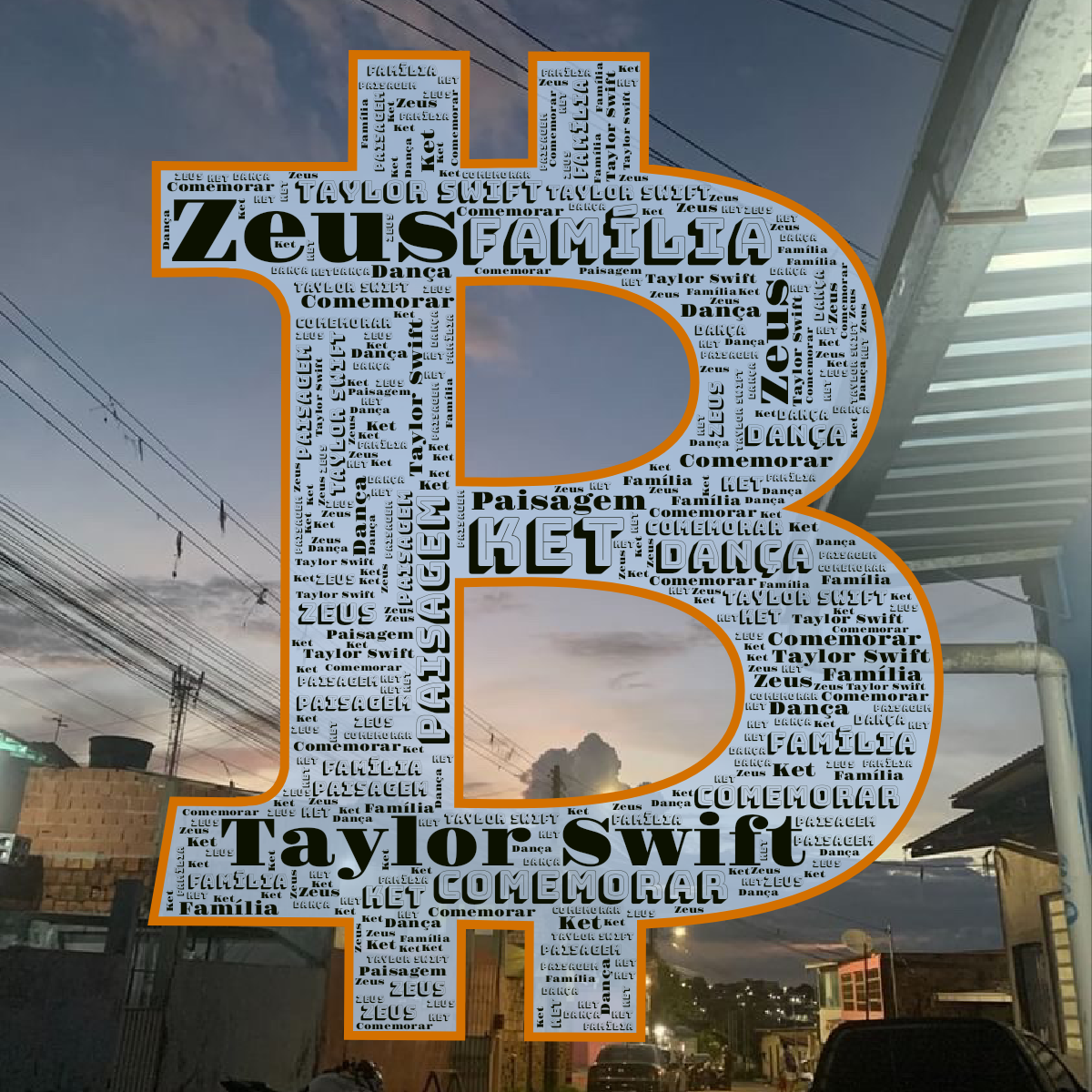 Word cloud in a Bitcoin shape with 7 words like Zeus, Taylor Swift and Ket in black, blue and orange.