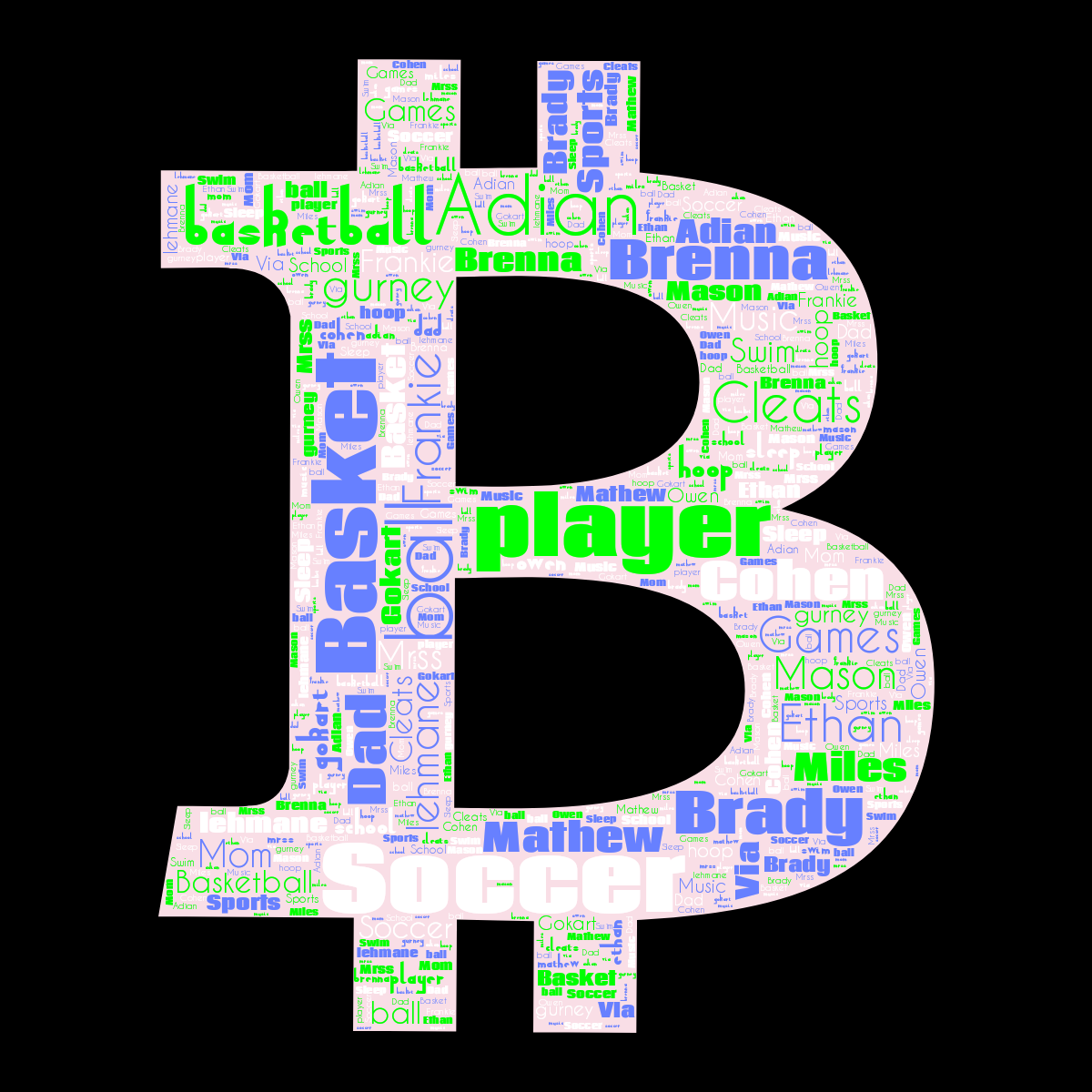 Word cloud in a Bitcoin shape with 30 words like Soccer, ball and Basketball in multicolor.