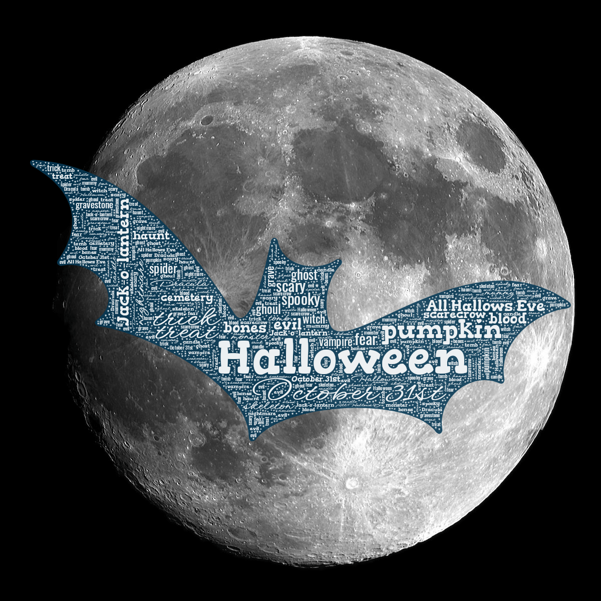 Word cloud in a Bat shape with 31 words like Halloween, October 31st and trick in white and blue.
