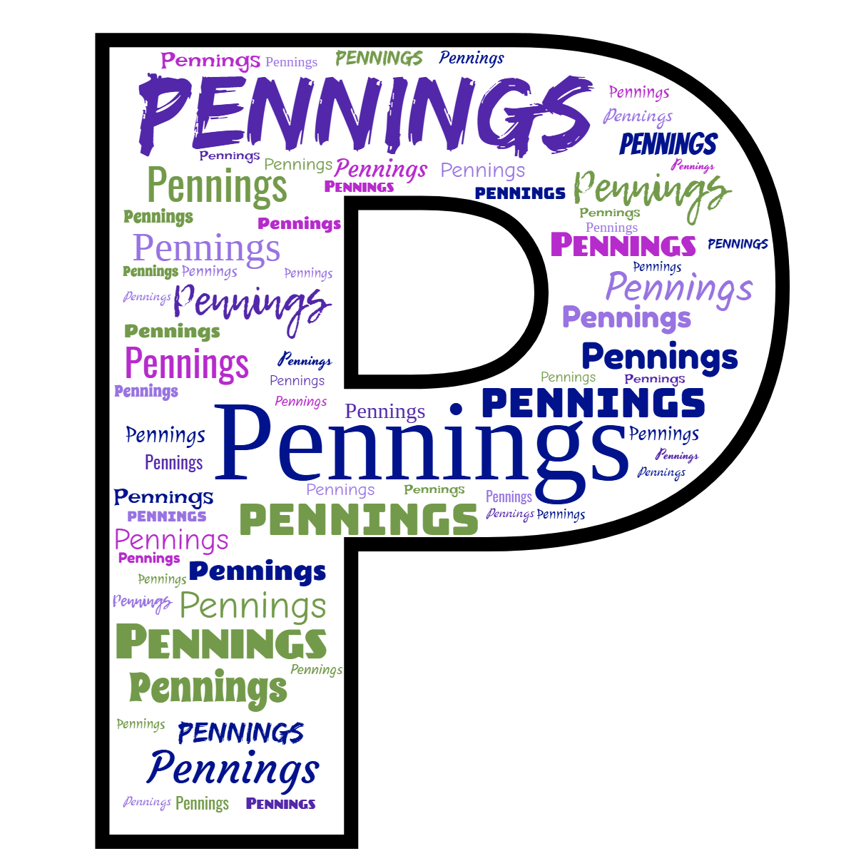 Word cloud in the shape of the letter P with 1 repeated word Pennings in multicolor.