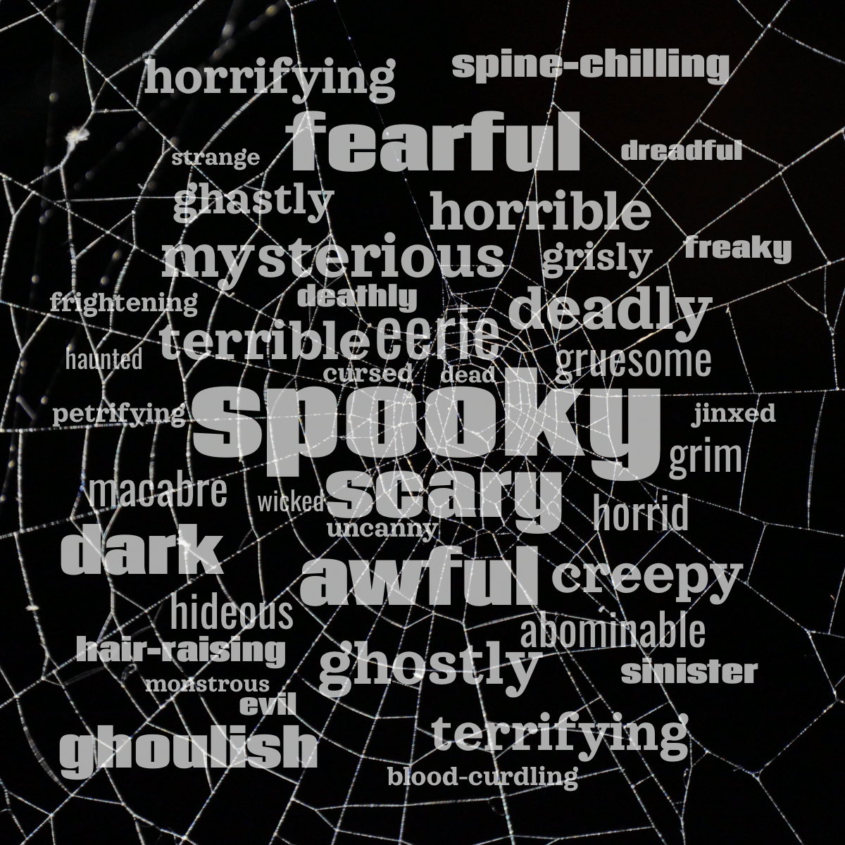 Word cloud with 41 words like spooky, scary and eerie in white.