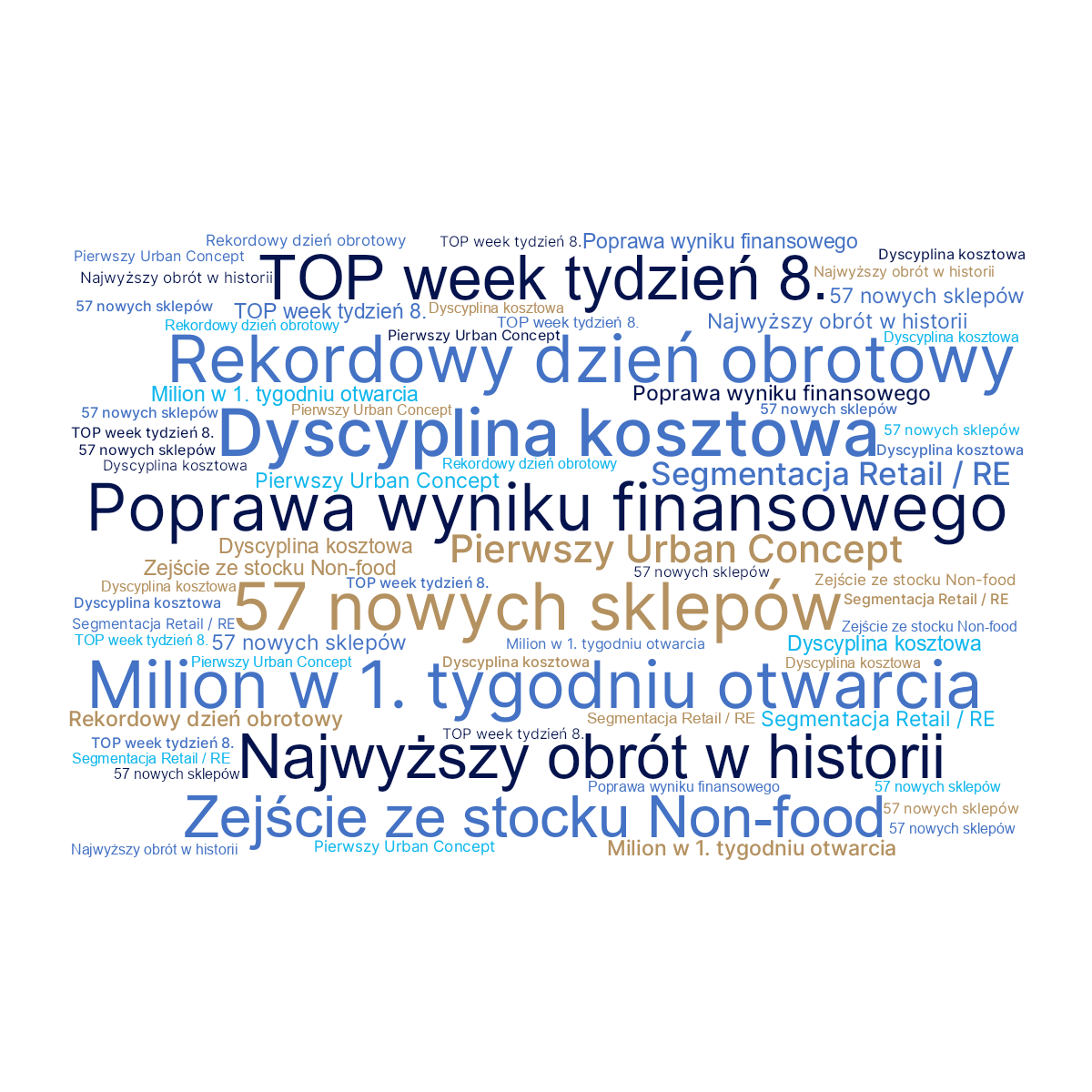 Word cloud in a Horizontal Rectangle shape with 10 words like Poprawa wyniku finansowego, 57 nowych sklepów and Dyscyplina kosztowa in blue, orange and white.