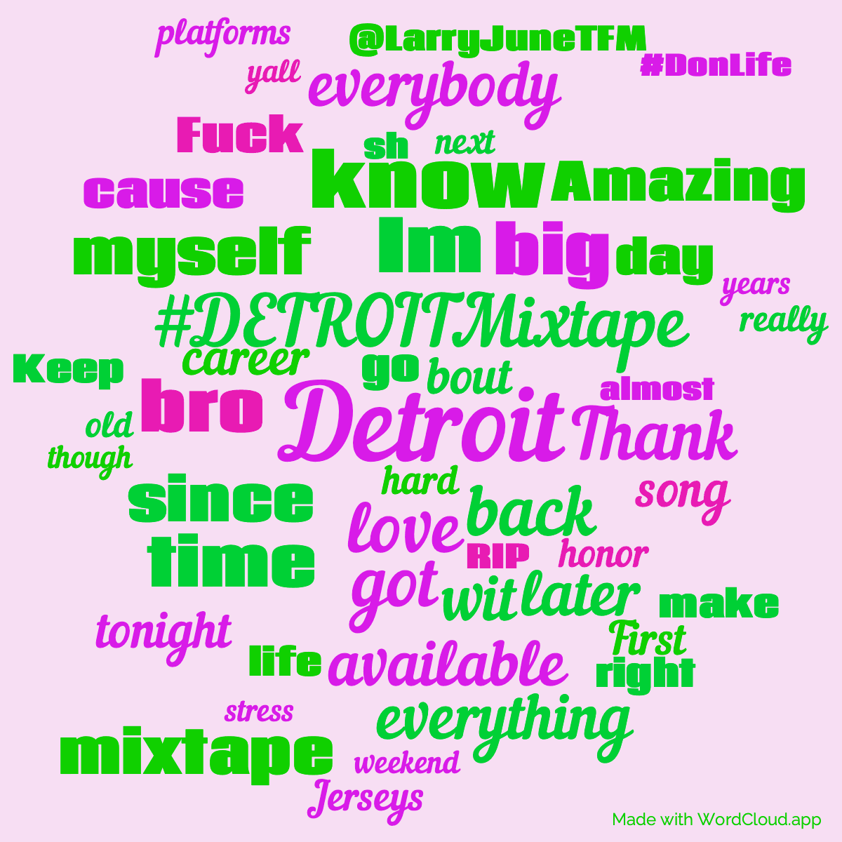 Word cloud with 50 words like Detroit, #DETROITMixtape and love in purple and green.