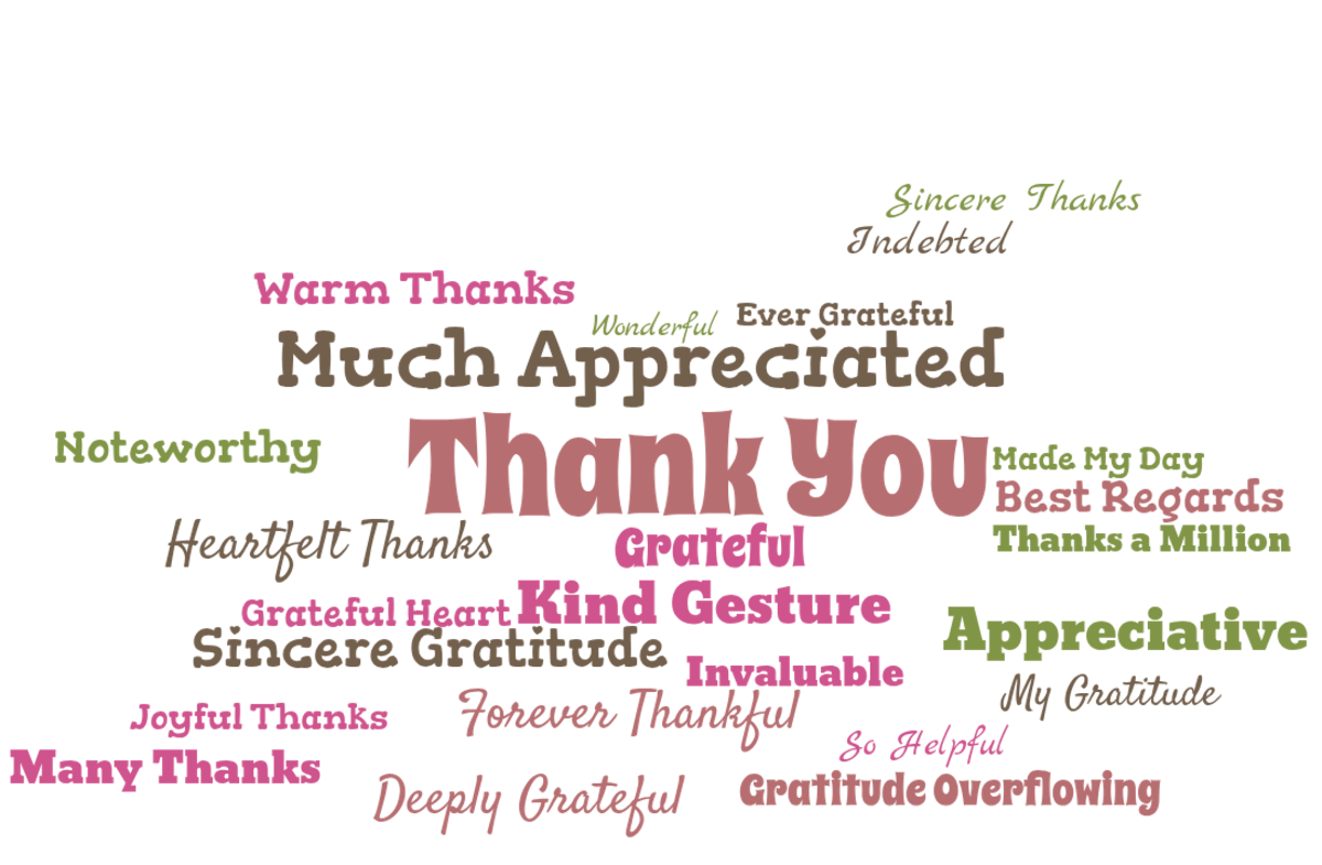 Word cloud with 24 words like Much Appreciated, Grateful and Kind Gesture in multicolor.
