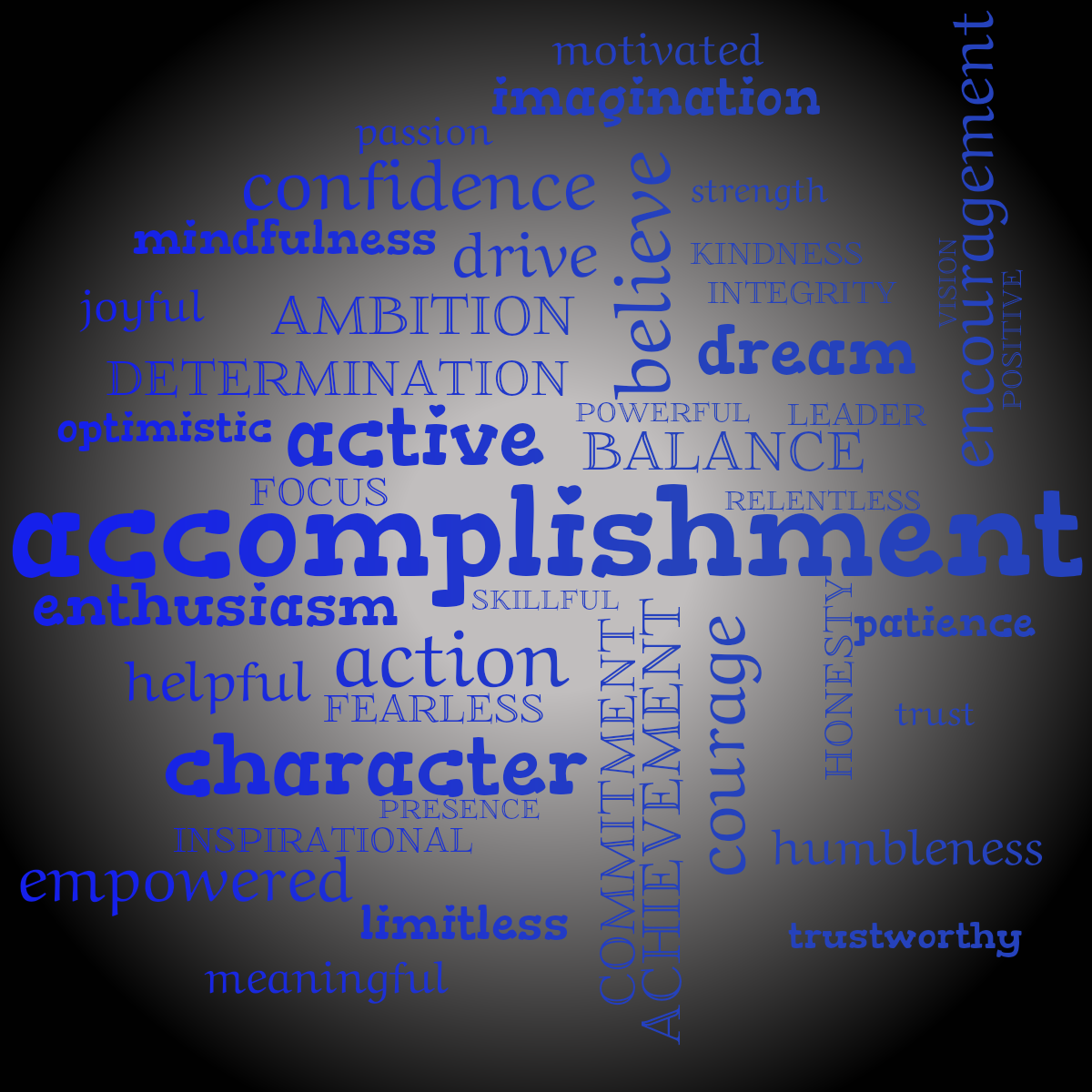 Word cloud with 44 words like accomplishment, achievement and action in blue, gray and black.