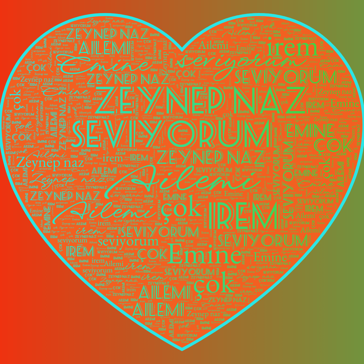 Word cloud in a Heart shape with 6 words like Ailemi, çok and seviyorum in blue, green and red.