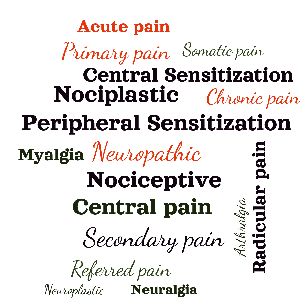 Word cloud with 17 words like Neuropathic, Nociceptive and Nociplastic in red, green and white.
