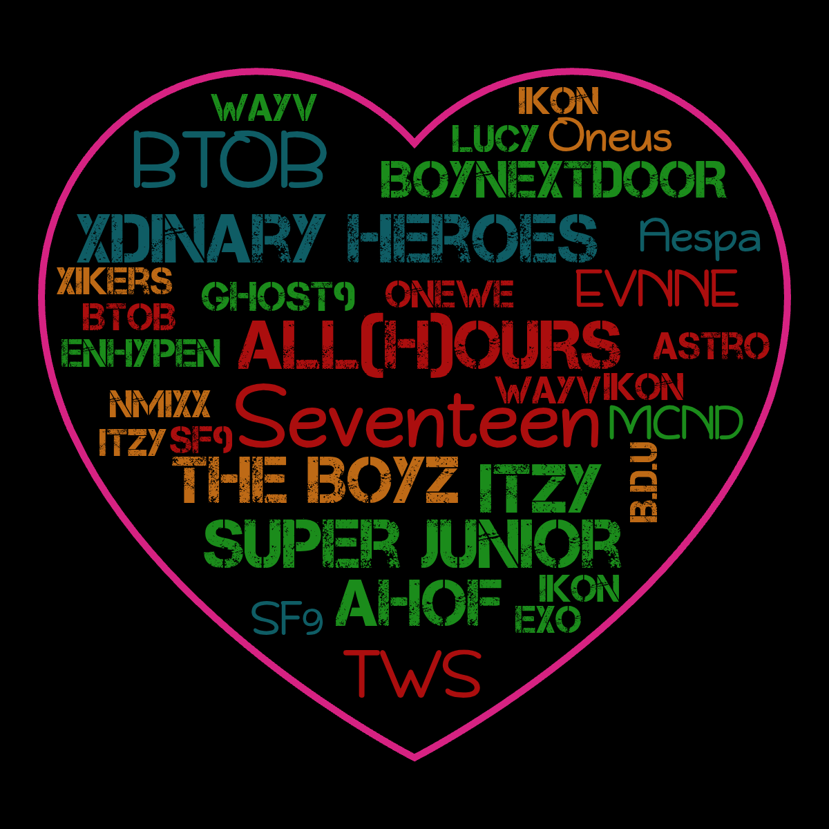 Word cloud in a Vertical Rectangle shape with 44 words like 1VERSE, 82MAJOR and AHOF in multicolor.