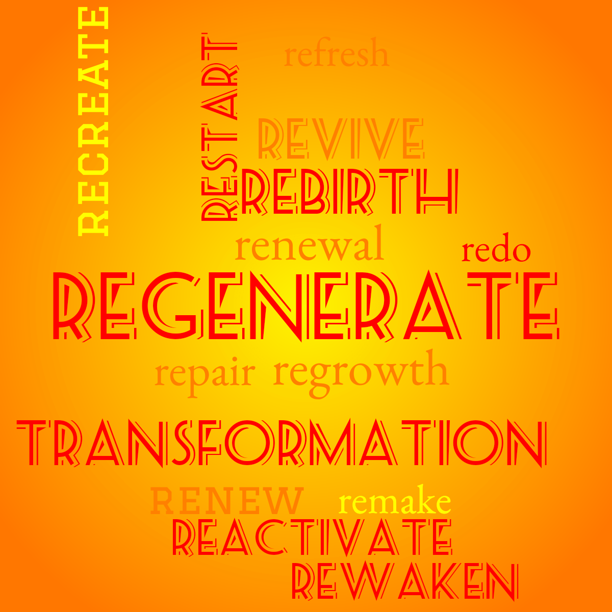 Word cloud with 15 words like Regenerate, renewal and regrowth in bright red, yellow and orange.