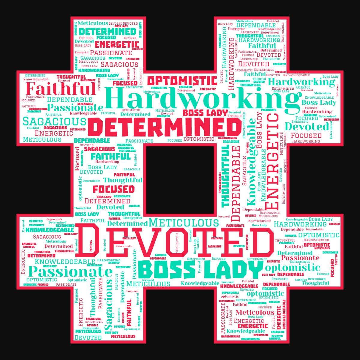 Word cloud in a Hash shape with 14 words like Devoted, Determined and Hardworking in multicolor.