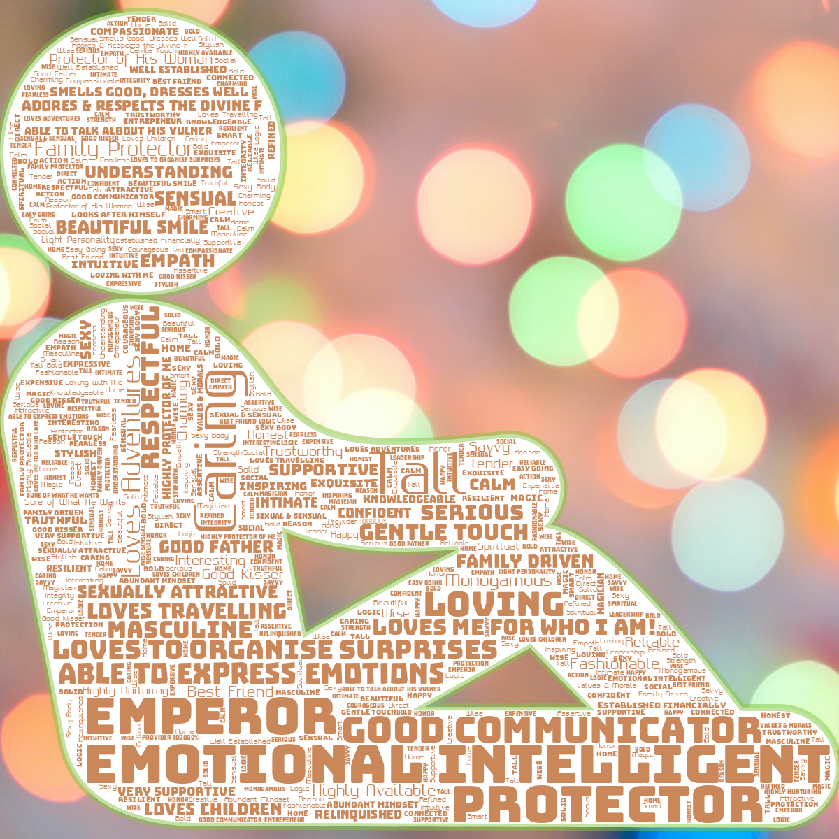 Word cloud in a Human Sitting shape with 100 words like Emotional Intelligent, Tall and Caring in orange, white and green.
