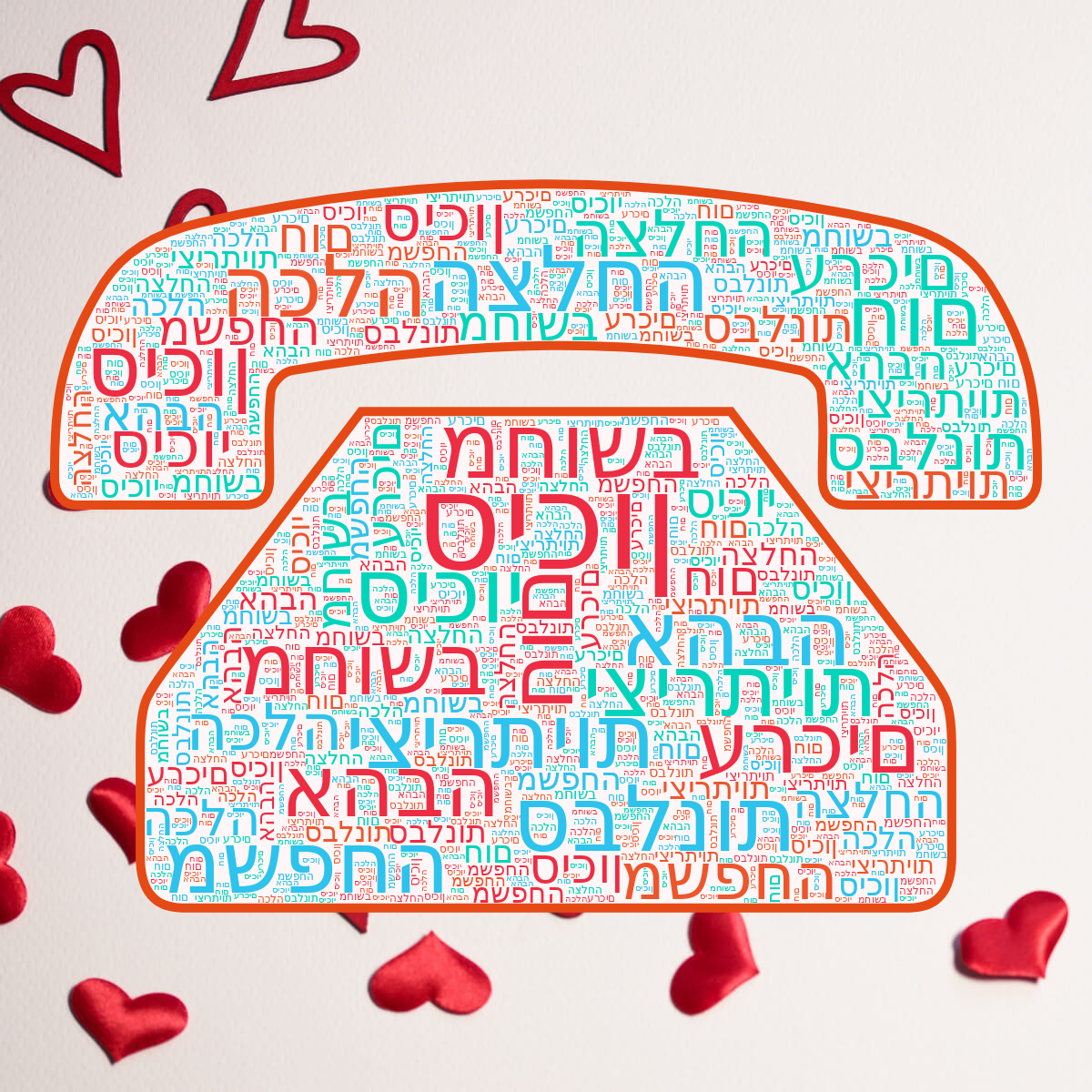 Word cloud in a Phone shape with 11 words like סיכון, מחושב and חום in red and blue.