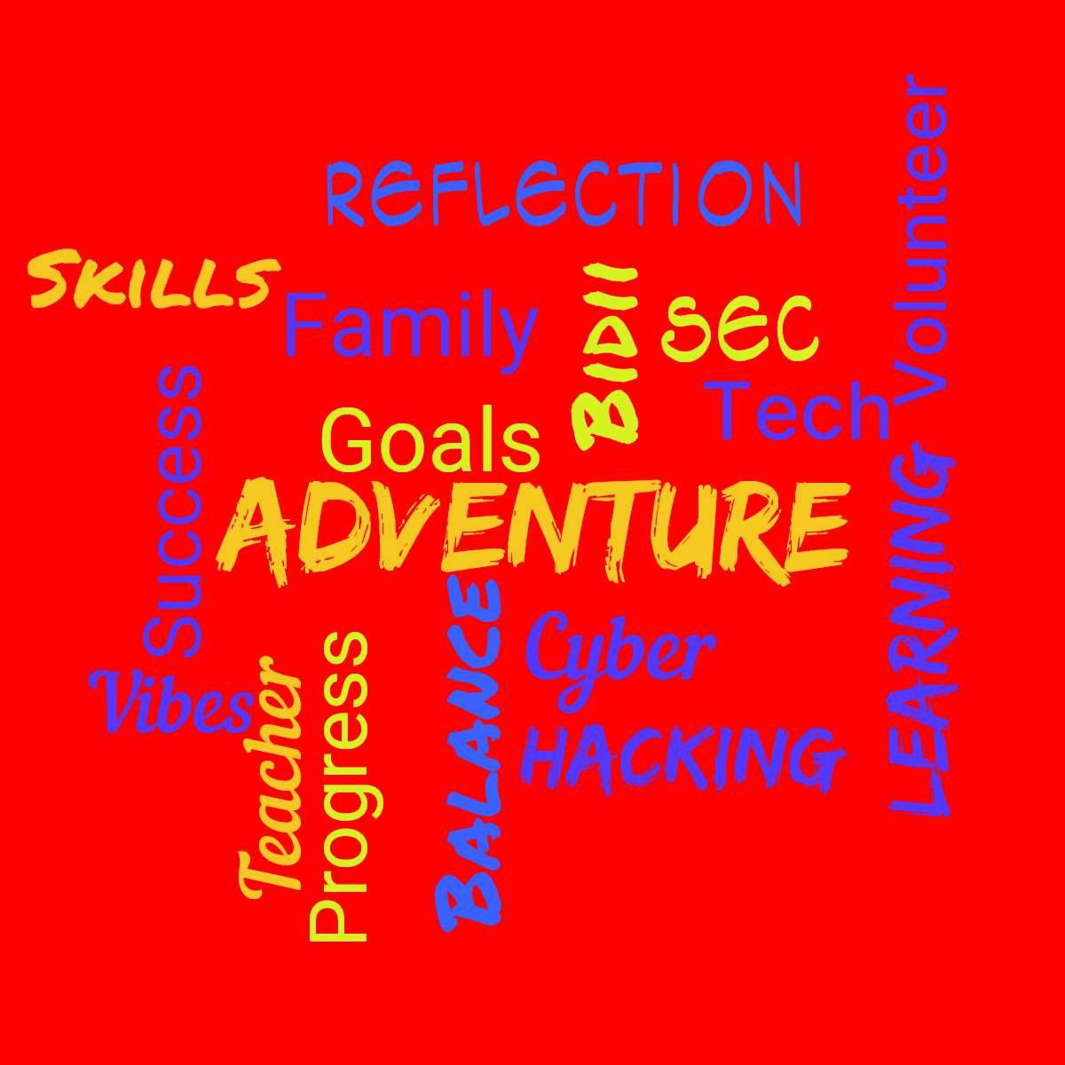 Word cloud with 17 words like Adventure, Balance and Bidii in multicolor.