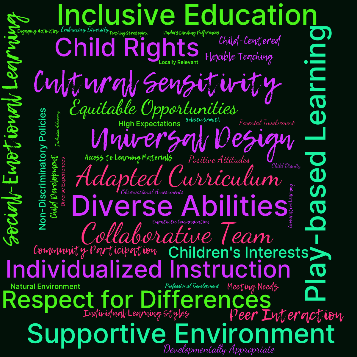 Word cloud with 41 words like Inclusive Education, Adapted Curriculum and Universal Design in multicolor.