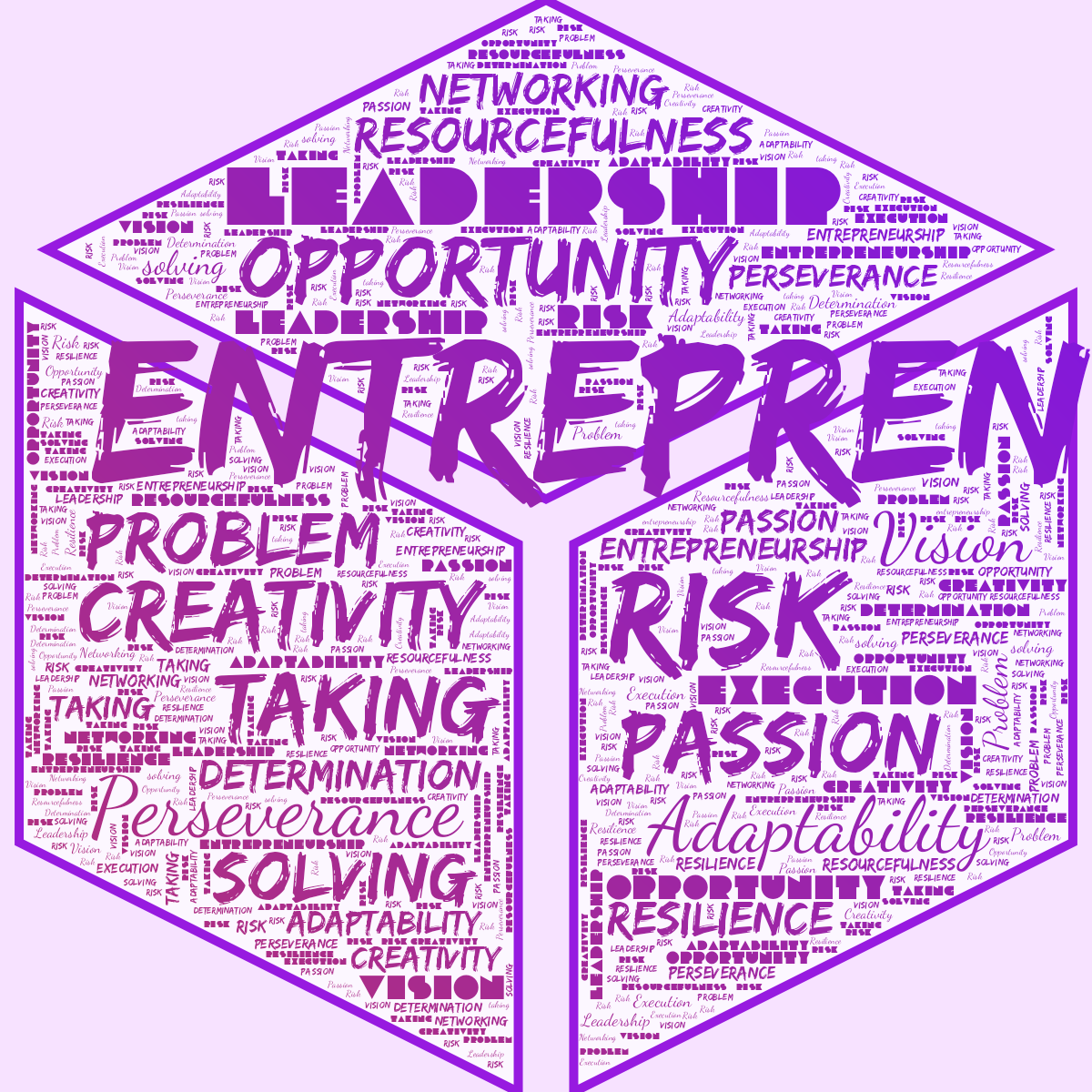 Word cloud in a Cube shape with 17 words like Risk, taking and Opportunity in purple and pink.