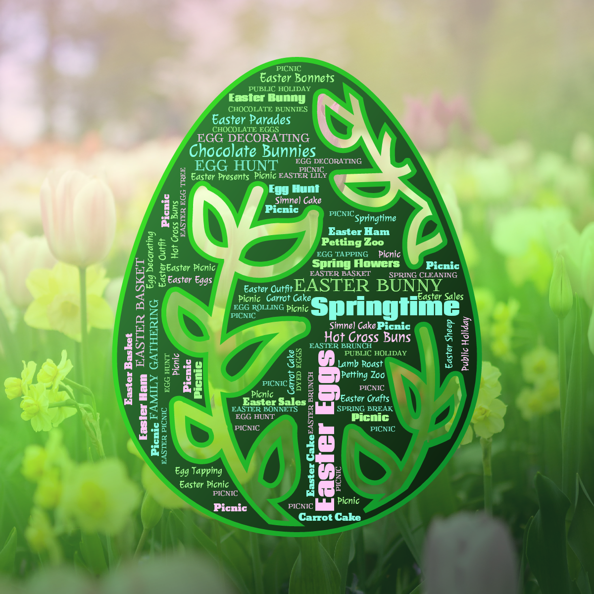 Word cloud in an Easter Egg shape with 50 words like Easter Bunny, Easter Eggs and Springtime in green, purple and black.