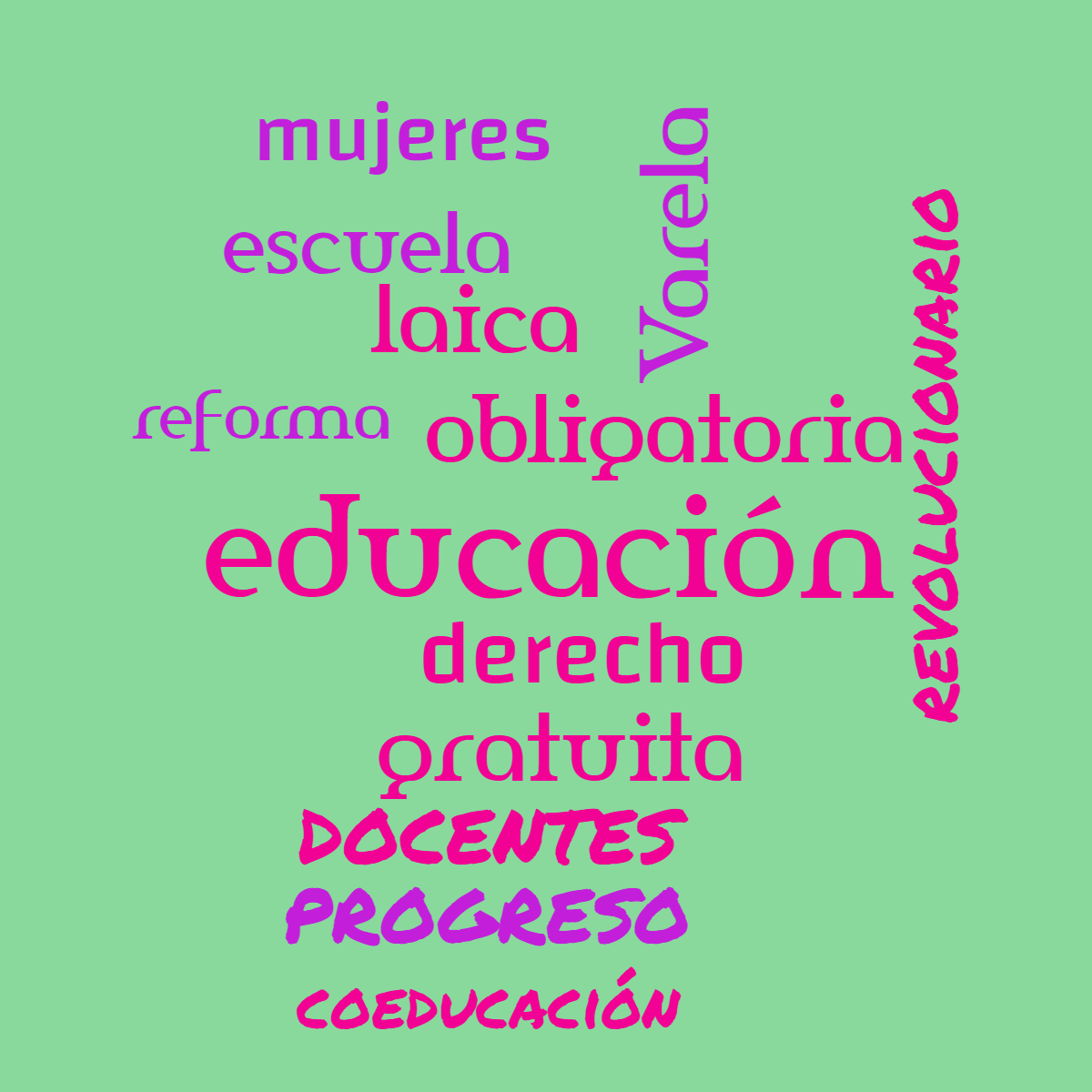 Word cloud with 13 words like educación, derecho and obligatoria in pink, purple and green.