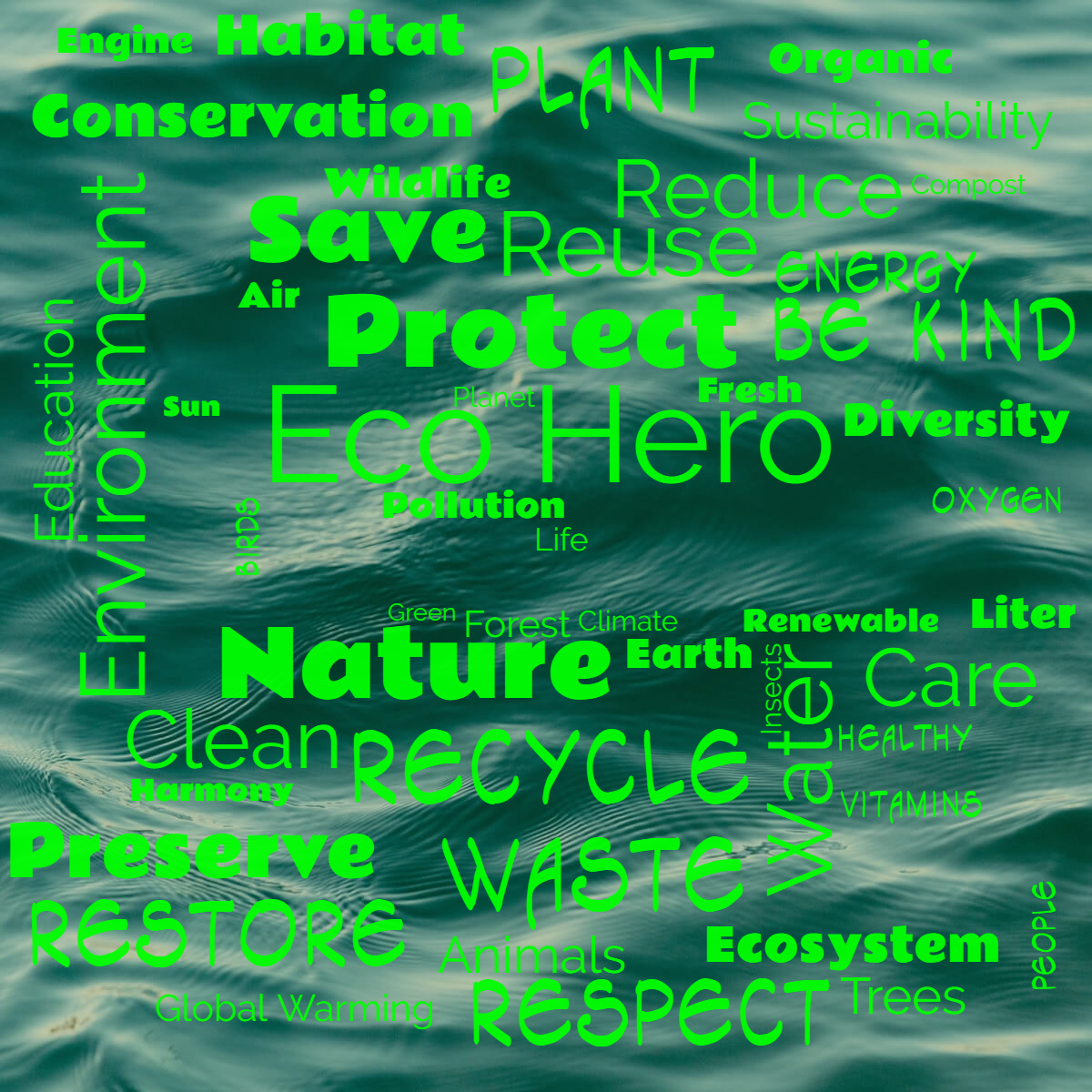 Word cloud with 50 words like Eco Hero, Nature and Protect in bright green.