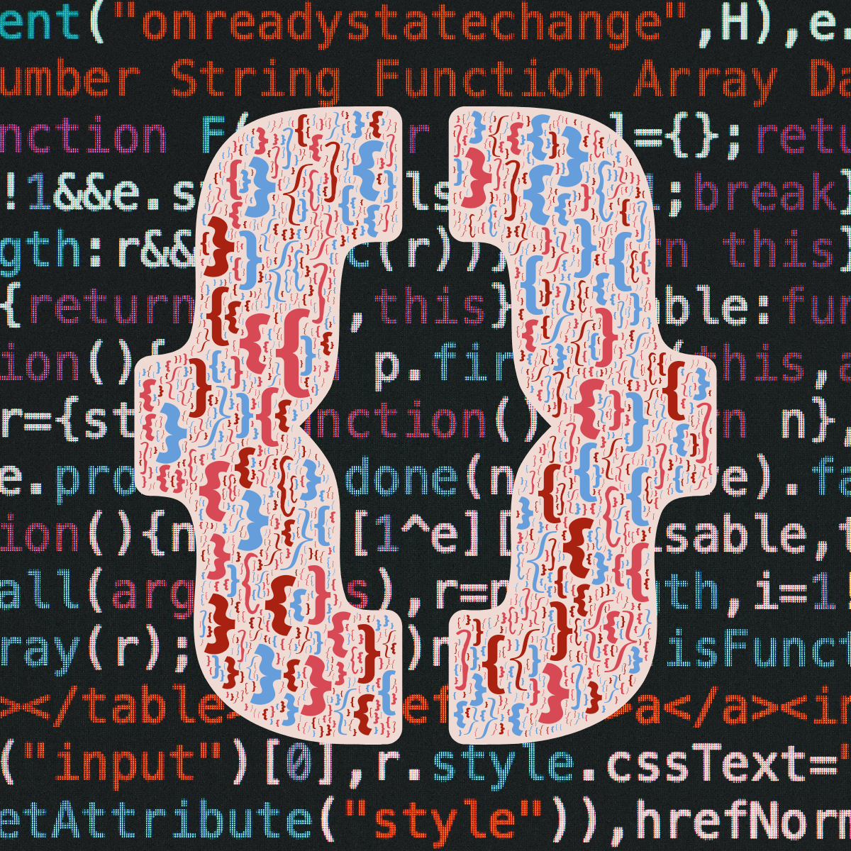 Word cloud in a Curly Brackets shape with 2 repeated words like { and } in red and blue.