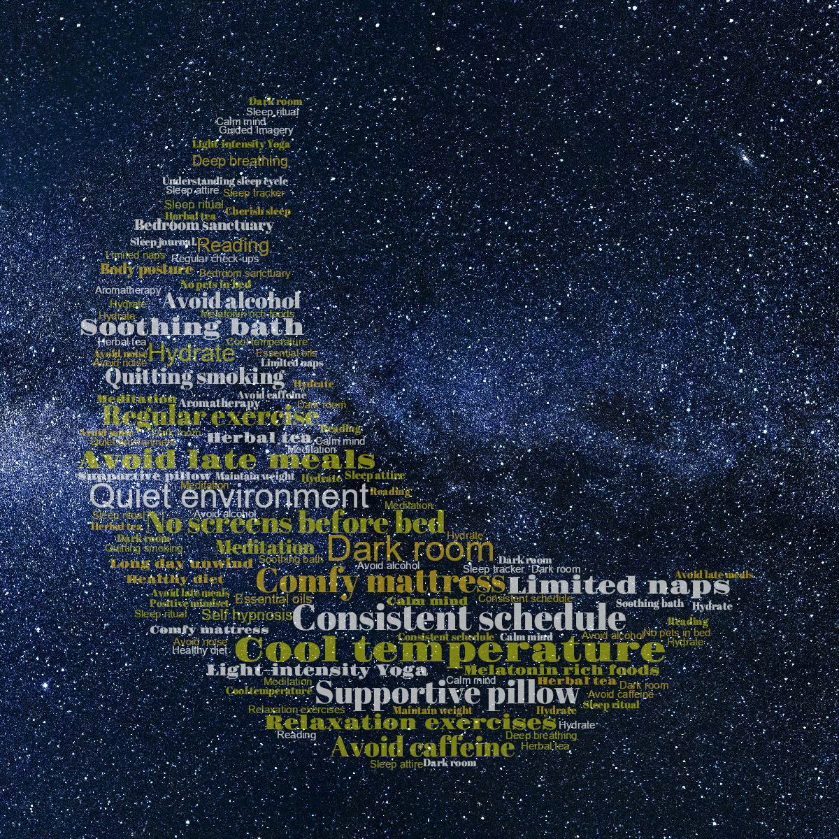 Word cloud in a Moon shape with 50 words like Consistent schedule, Dark room and Cool temperature in yellow.