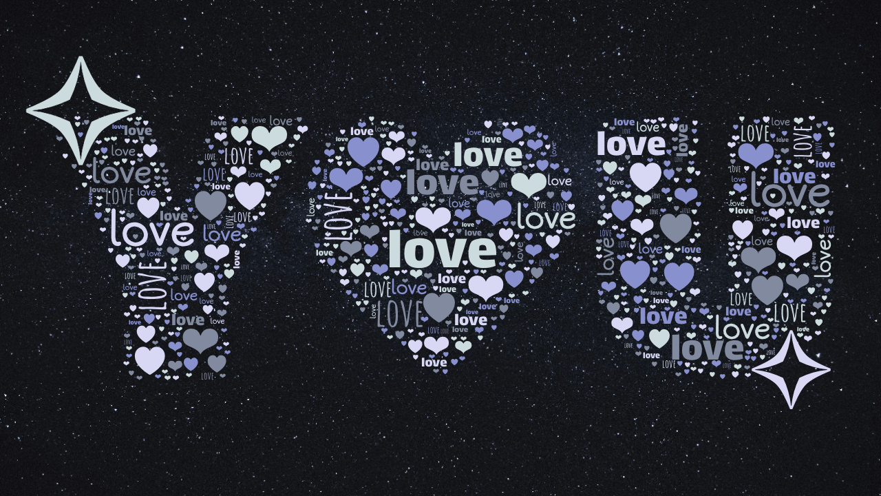 Word cloud in a Love You shape with 3 repeated words like love, ❤ and ♥ in blue.