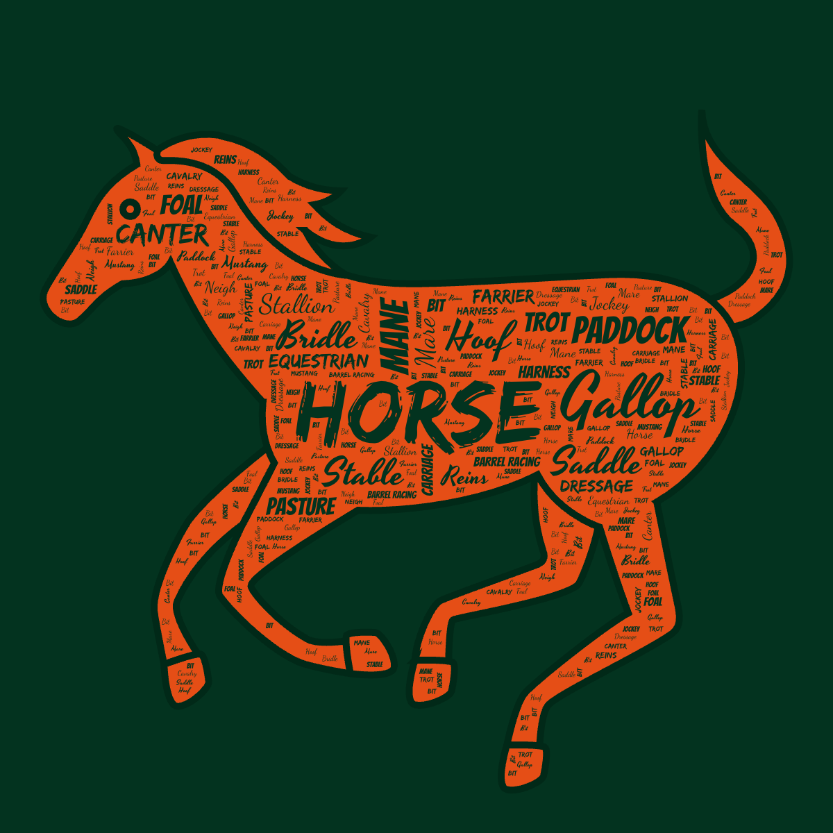 Word cloud in a custom shape with 26 words like Horse, Gallop and Mane in dark green.