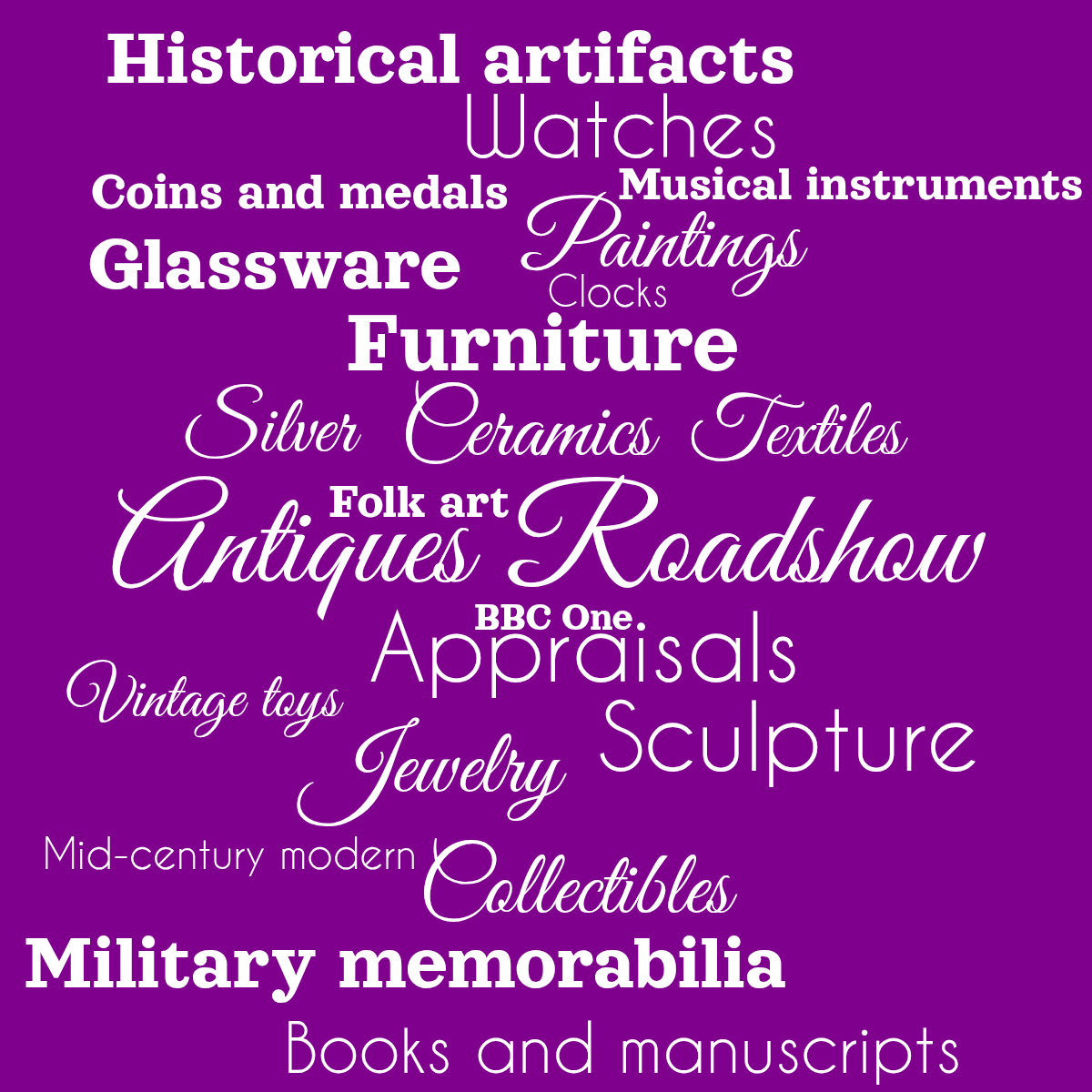 Word cloud with 22 words like Antiques Roadshow, Appraisals and Ceramics in white and purple.