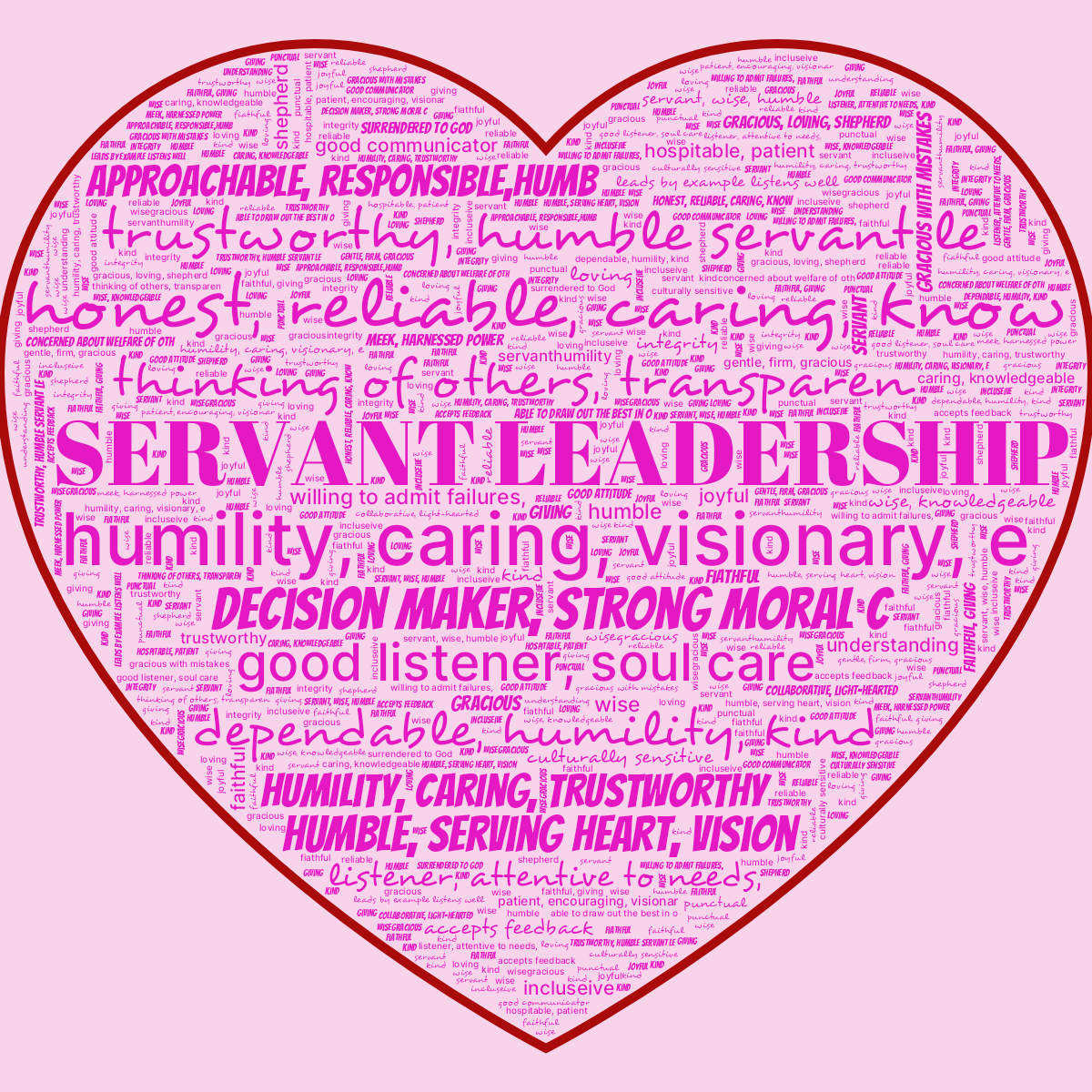 Word cloud in a Heart shape with 50 words like honest, reliable, caring, know, humility, caring, visionary, e and trustworthy, humble servant le in purple, pink and red.