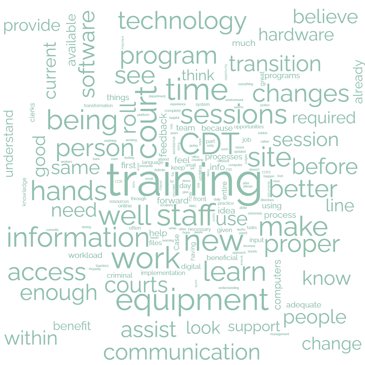 Word cloud with 189 words like training, staff and CDT in green and white.