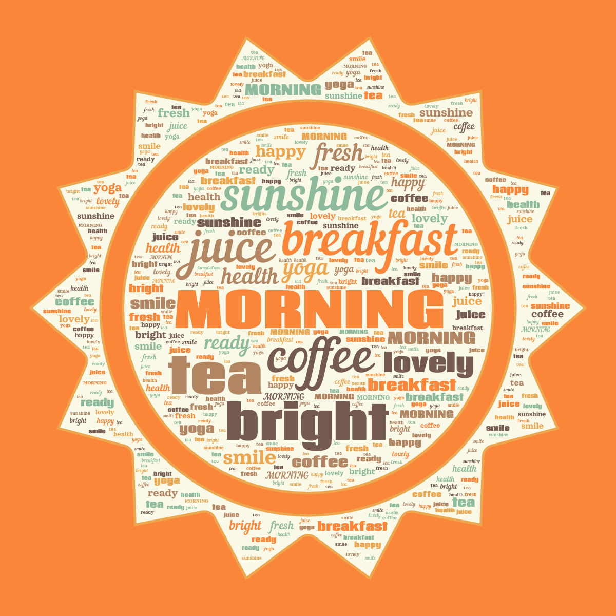 Word cloud in a Sun shape with 14 words like MORNING, breakfast and coffee in multicolor.