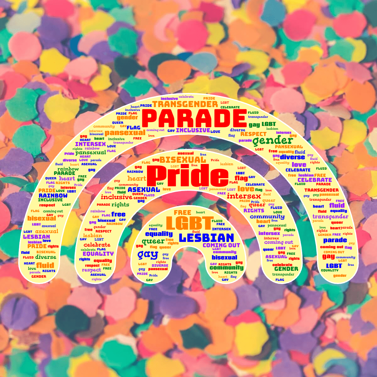 Word cloud in a Rainbow shape with 26 words like Pride, parade and LGBT in multicolor.