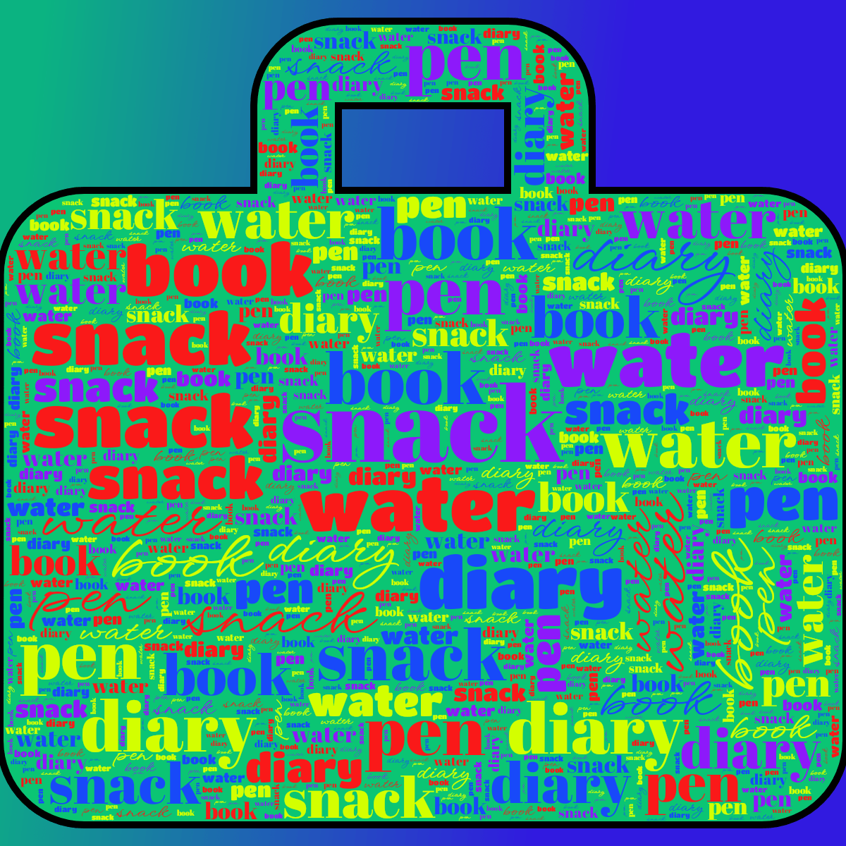 Word cloud in a Luggage Bag shape with 5 words like snack, book and water in multicolor.
