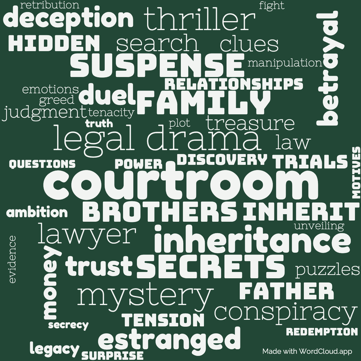 Word cloud of the book The Summons with 48 words like courtroom, legal drama and inheritance.