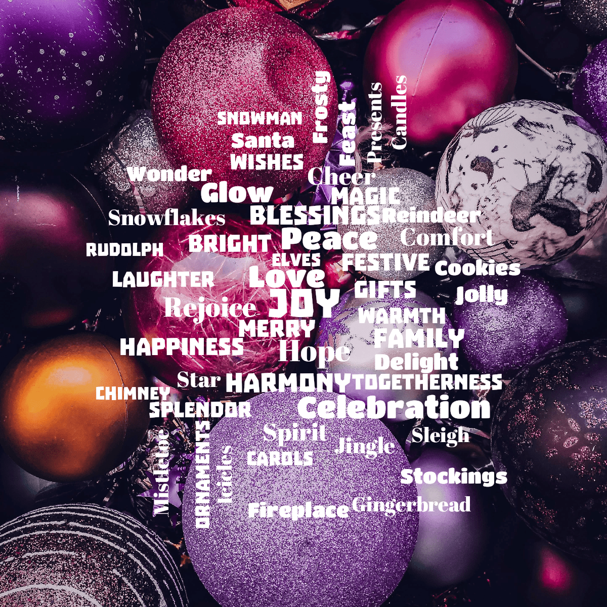 Word cloud with 49 words like Joy , Love and Hope in white.