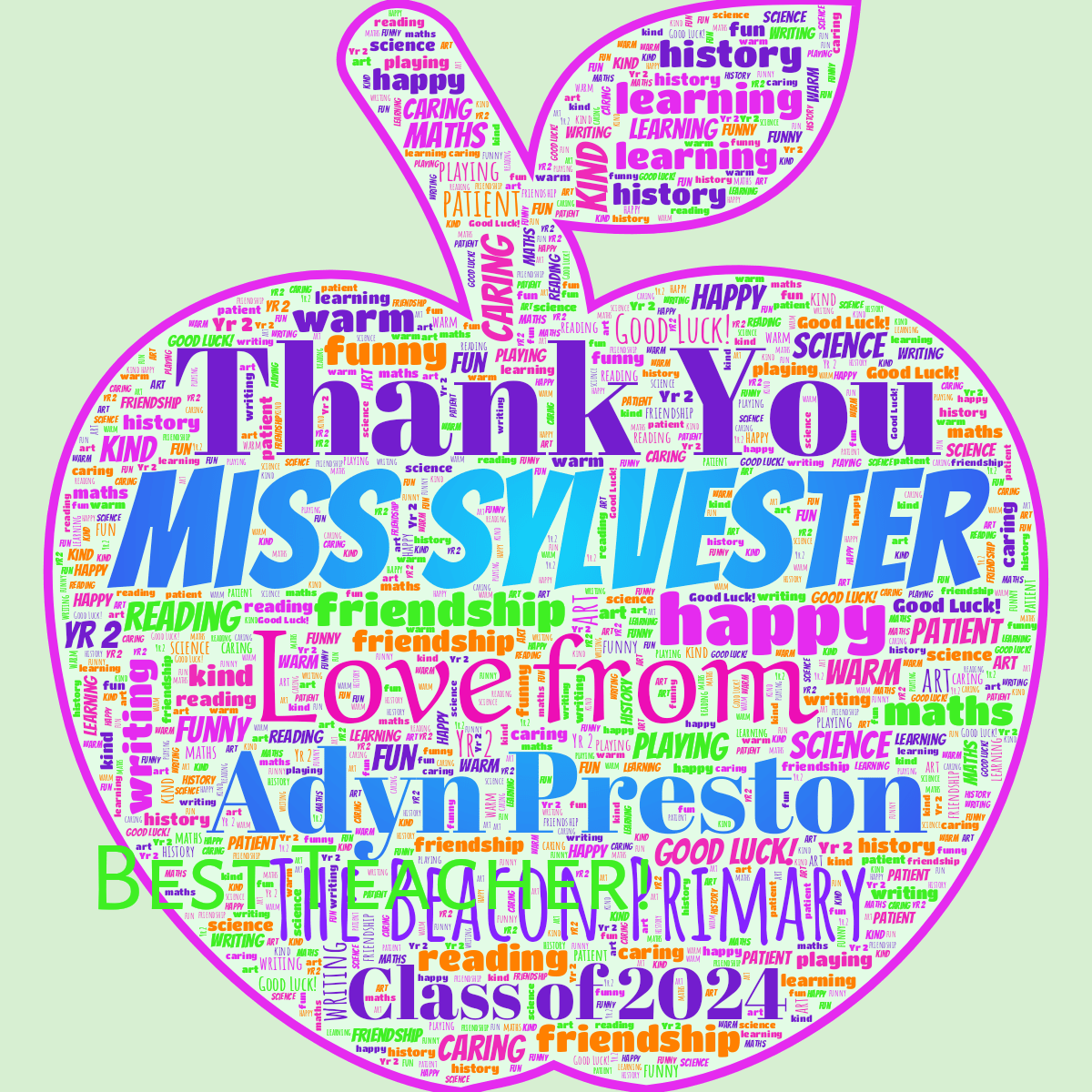 Word cloud in an Apple shape with 18 words like happy, friendship and kind in purple, green and orange.