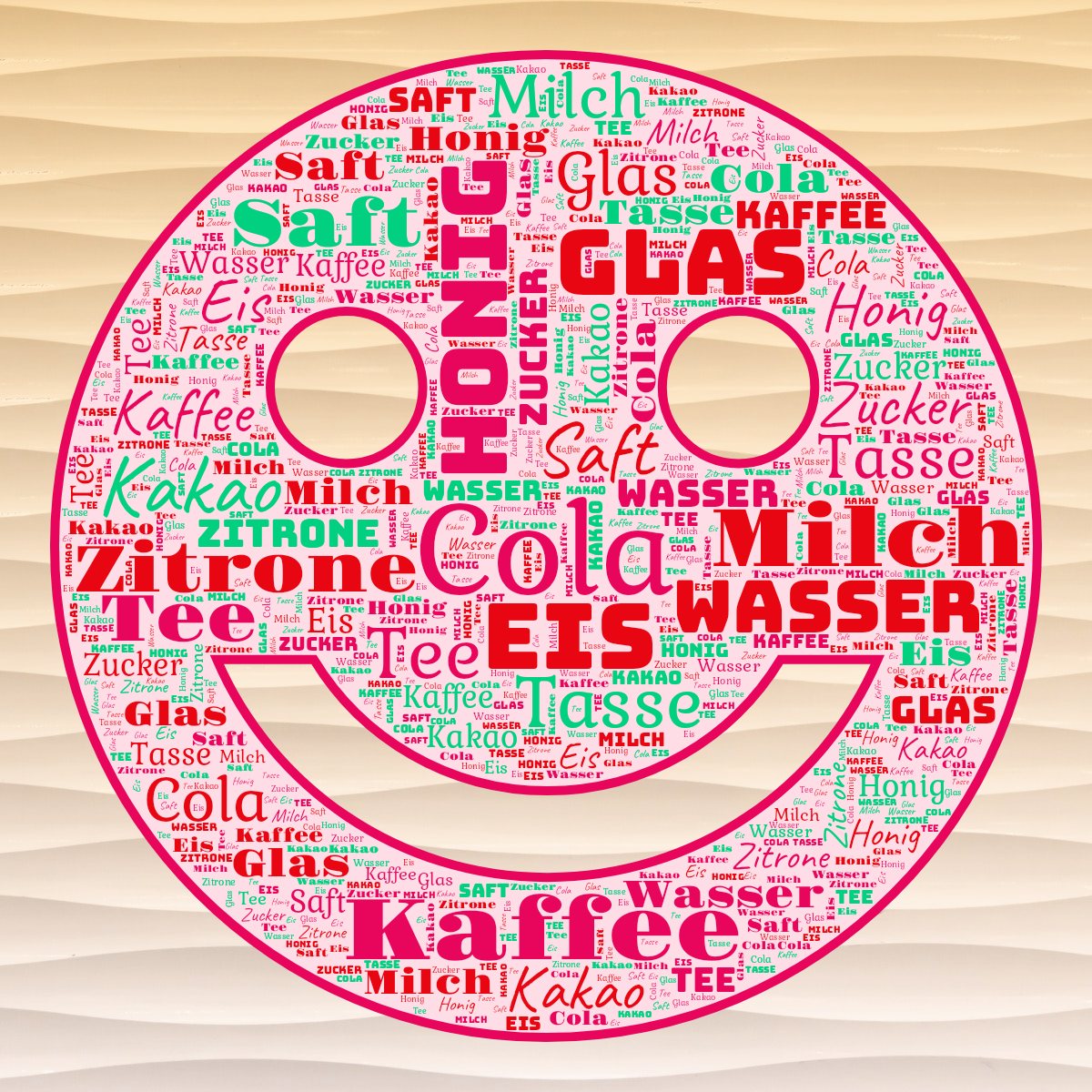 Word cloud in a Smiling Face shape with 13 words like Cola, Eis and Glas in pink, red and green.
