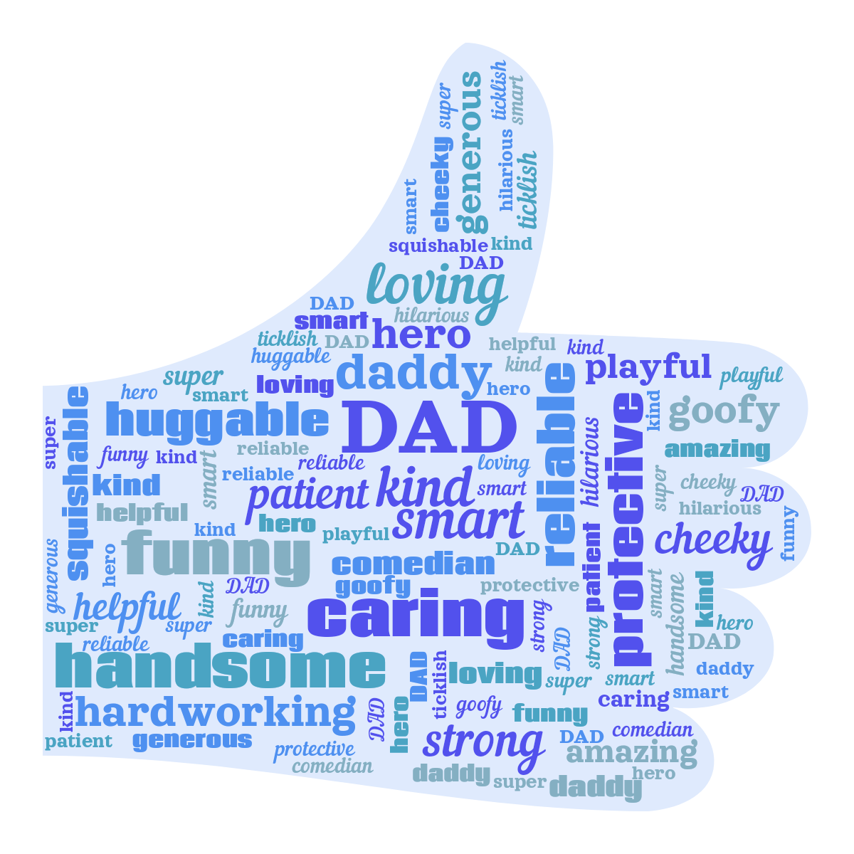 Word cloud in a Thumbs Up shape with 26 words like DAD, daddy and smart in blue.