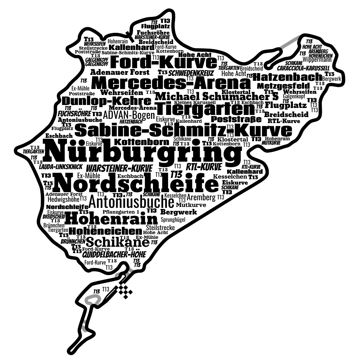 Word cloud in a custom shape with 49 words like Nordschleife, Sabine-Schmitz-Kurve and Antoniusbuche in black.