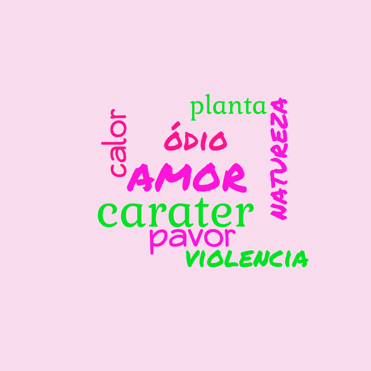 Word cloud with 7 words like amor, ódio and pavor in purple, pink and green.