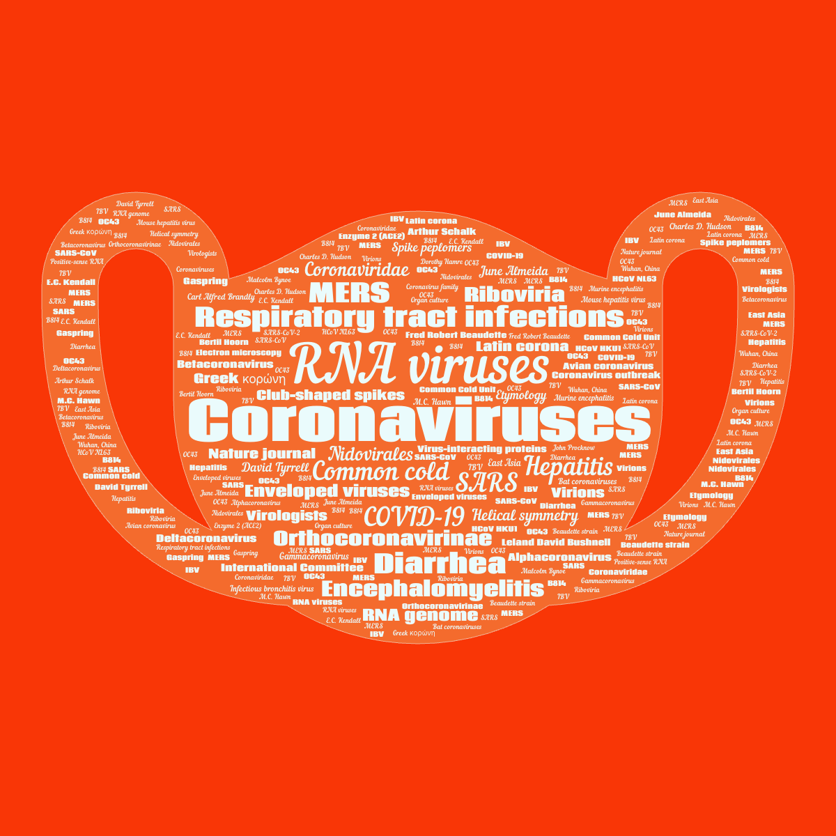 Word cloud in a Face Mask shape with 71 words like Coronaviruses, RNA viruses and Respiratory tract infections in blue and red.