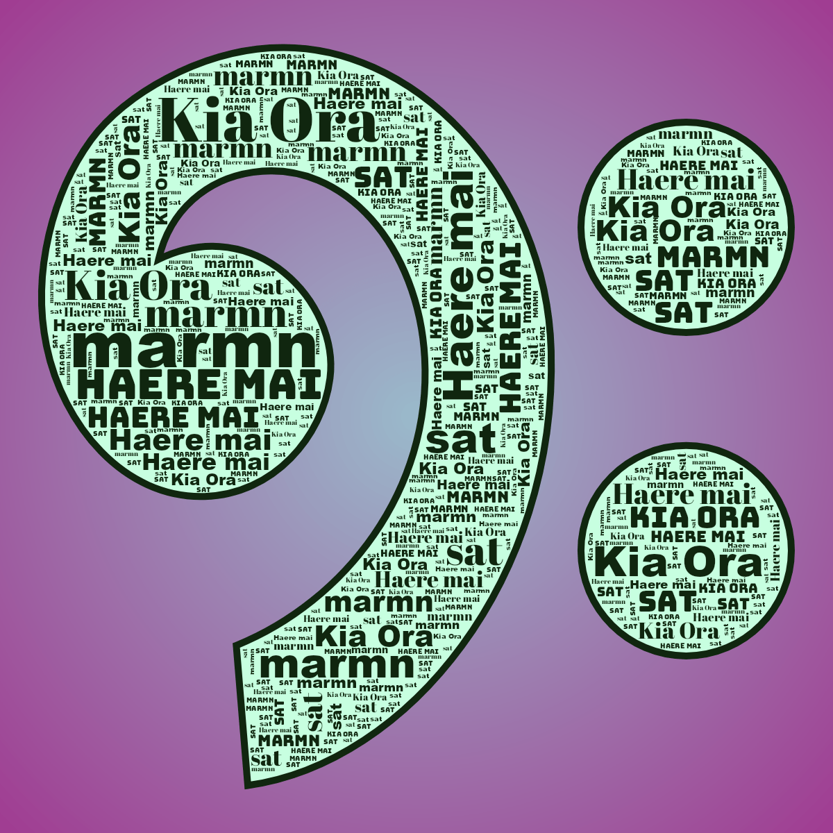 Word cloud in a Clef Bass shape with 4 words like marmn, Kia Ora and Haere mai in green, blue and purple.