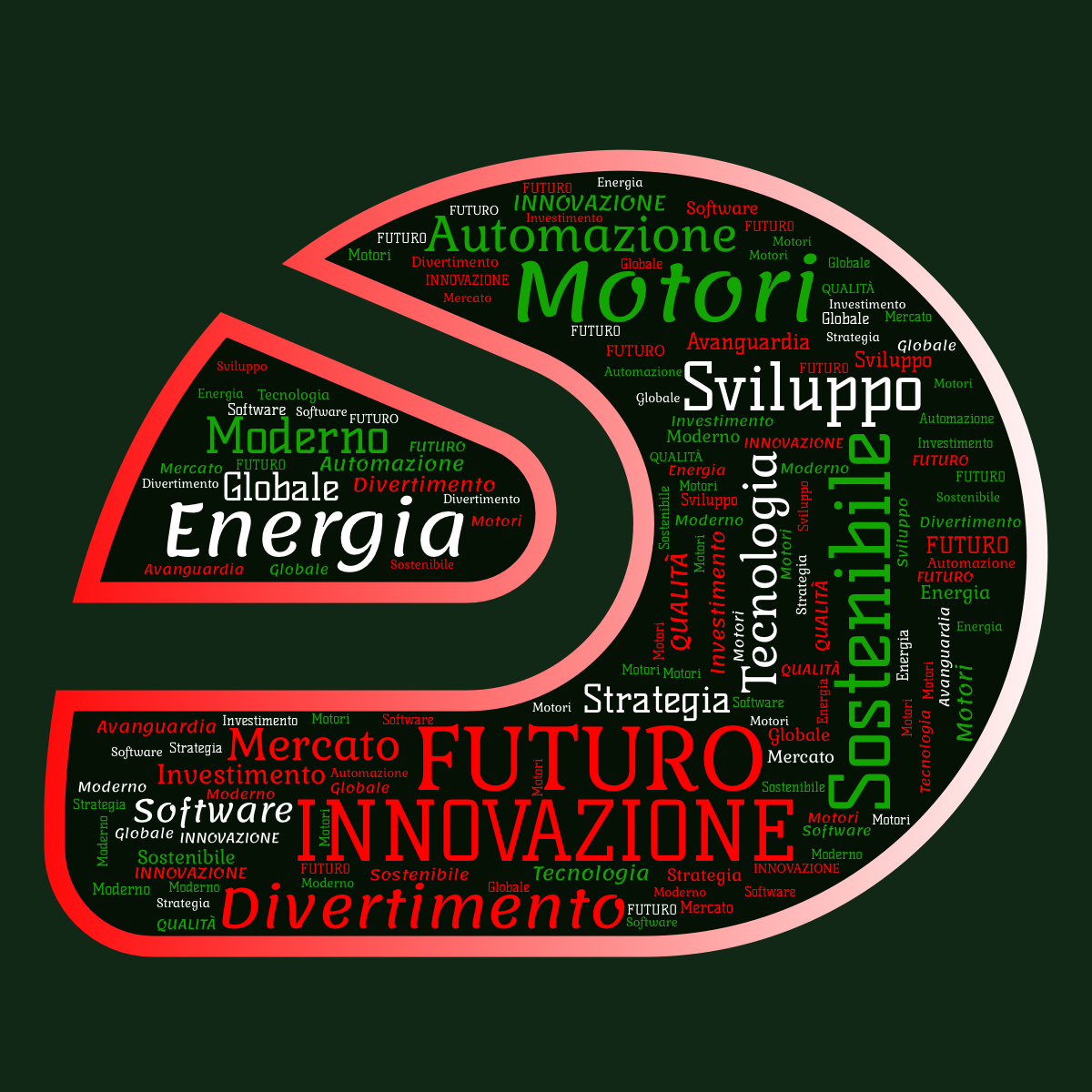Word cloud in a Motor Helmet shape with 17 words like Automazione, INNOVAZIONE and Motori in multicolor.