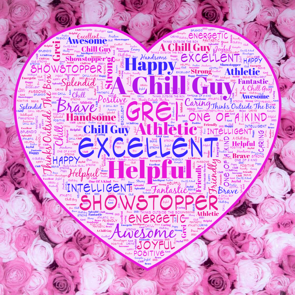 Word cloud in a Cards Hearts shape with 23 words like Grei, Showstopper and Chill in purple, pink and blue.