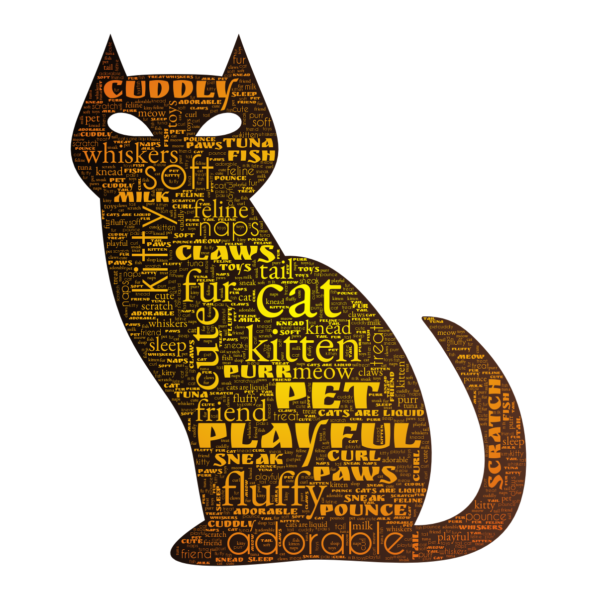 Word cloud in a Cat shape with 32 words like cat, kitten and cute in multicolor.