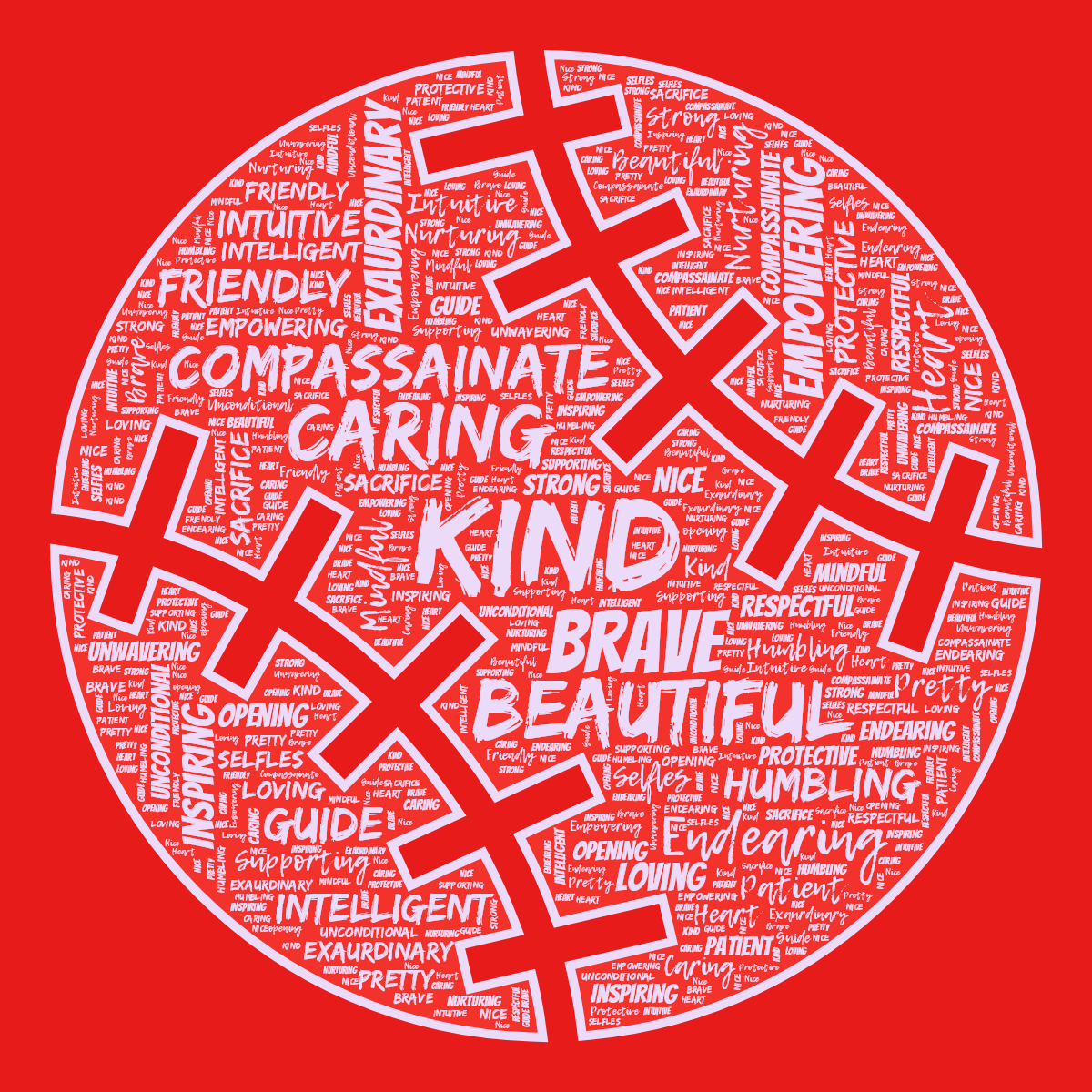 Word cloud in a Baseball shape with 30 words like Kind, Beautiful and Brave in purple and red.