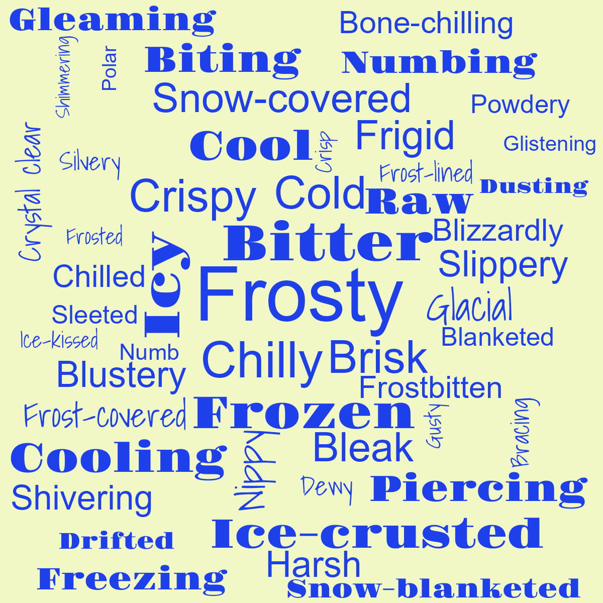 Word cloud with 50 words like Frosty, Chilly and Bitter in blue and green.