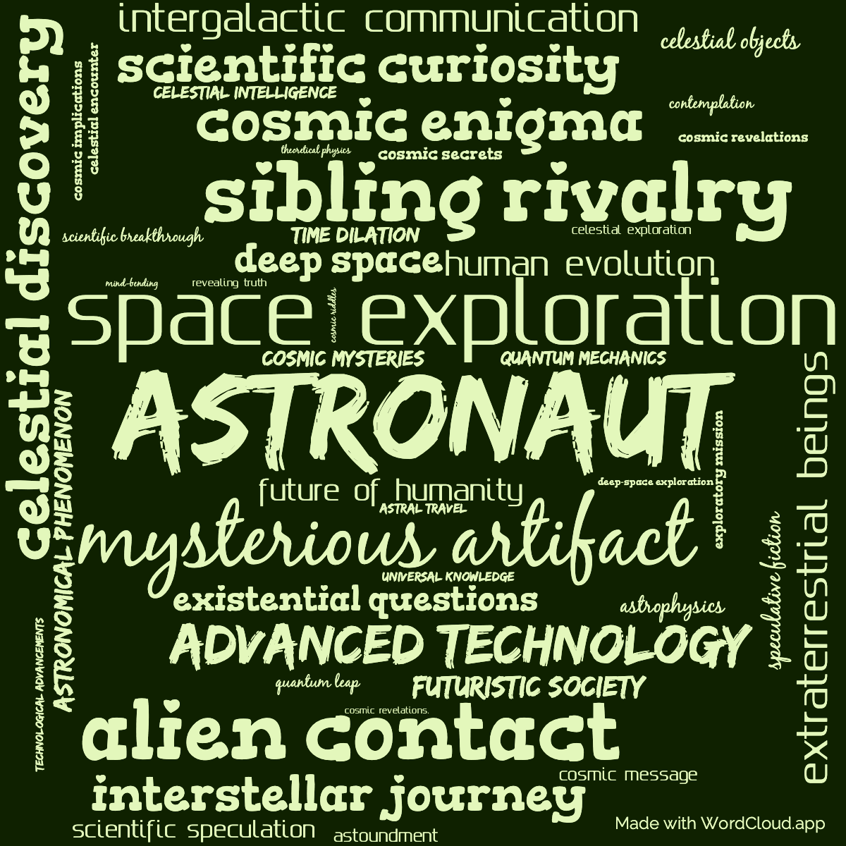 Word cloud of the book Firstborn with 46 words like Astronaut, space exploration and mysterious artifact.
